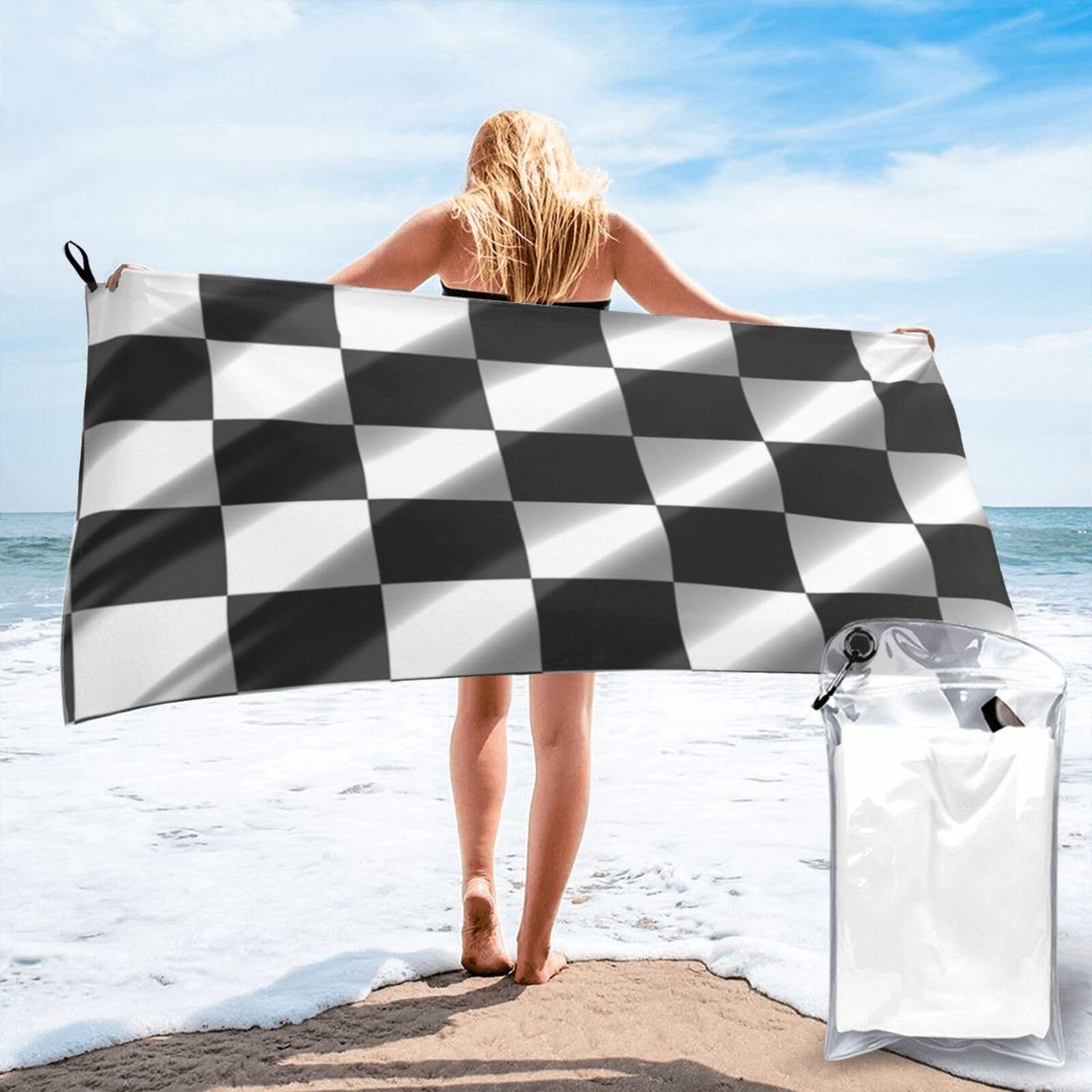 Microfiber Sand Free Beach Towel 27.5"x55", Quick Dry Absorbent Travel Towel Large Camping Blanket, Black White Race Checkered Flag Bath Towels Lightweight Pool Swim Towels for Vacation Essentials