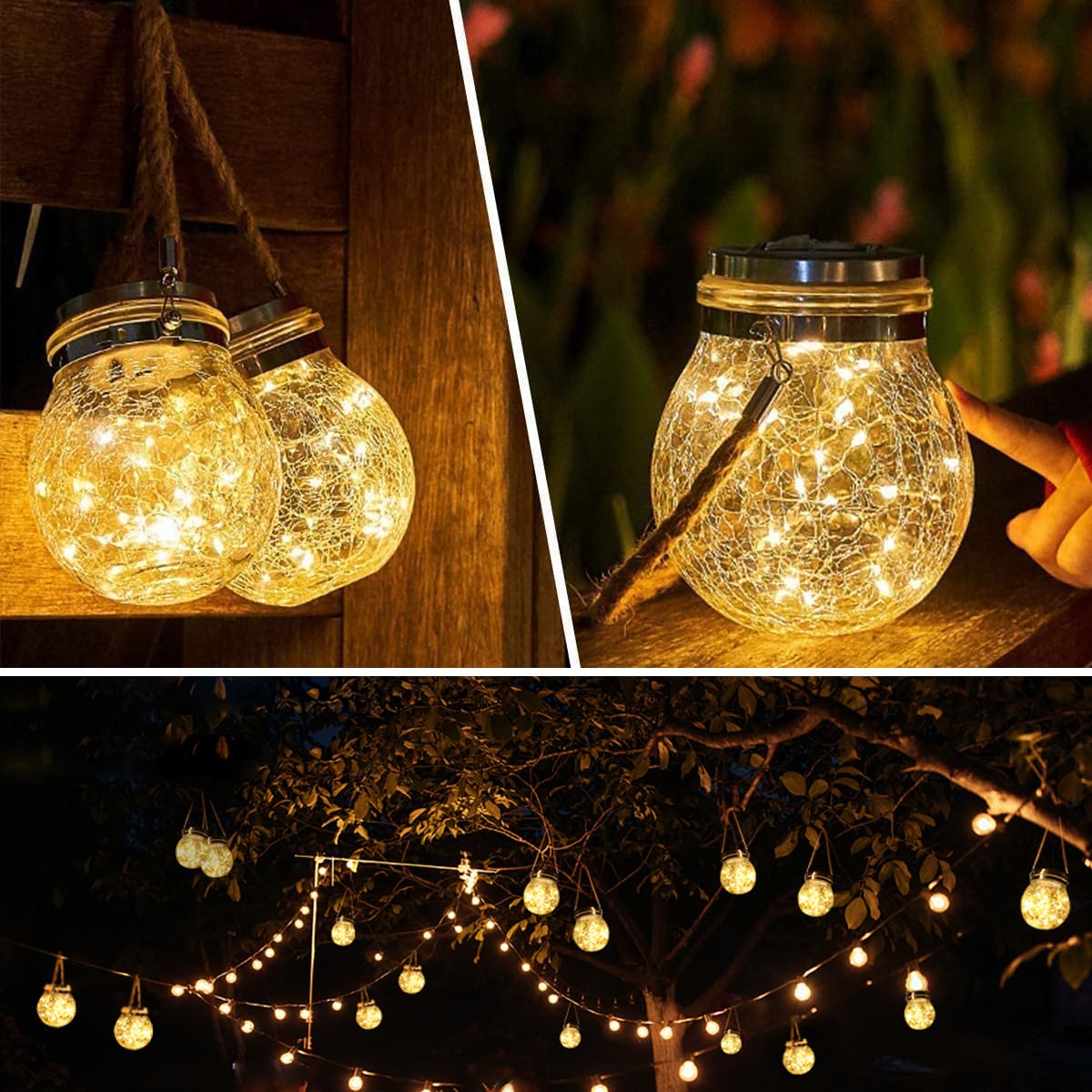 Lanterna solare a sfera in vetro craquelé, confezione da 2 luci solari da appendere per esterni, impermeabili, con 30 LED bianco caldo, decorazione per esterni, patio, cortile, prato, vialetto