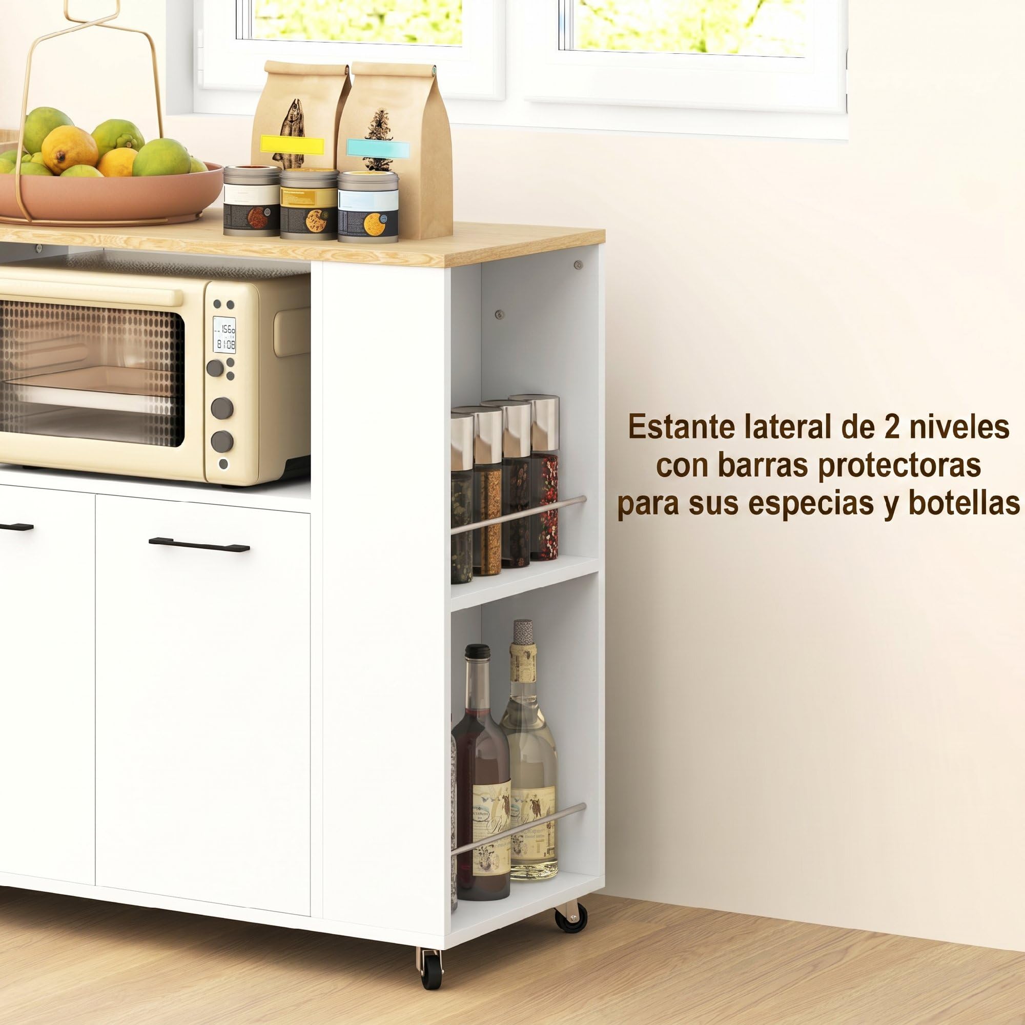 HOMCOM Carrito Auxiliar con Ruedas, Carrito de Cocina con 2 Puertas, Estante Ajustable, Especieros, para Comedor, 75x40x80,5 cm, Blanco