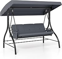 Tangkula 3 Person 2-in-1 Convertible Porch Swing with Adjustable Canopy, Removable Cushions & Metal Frame - Gray Outdoor Backyard Glider Bed