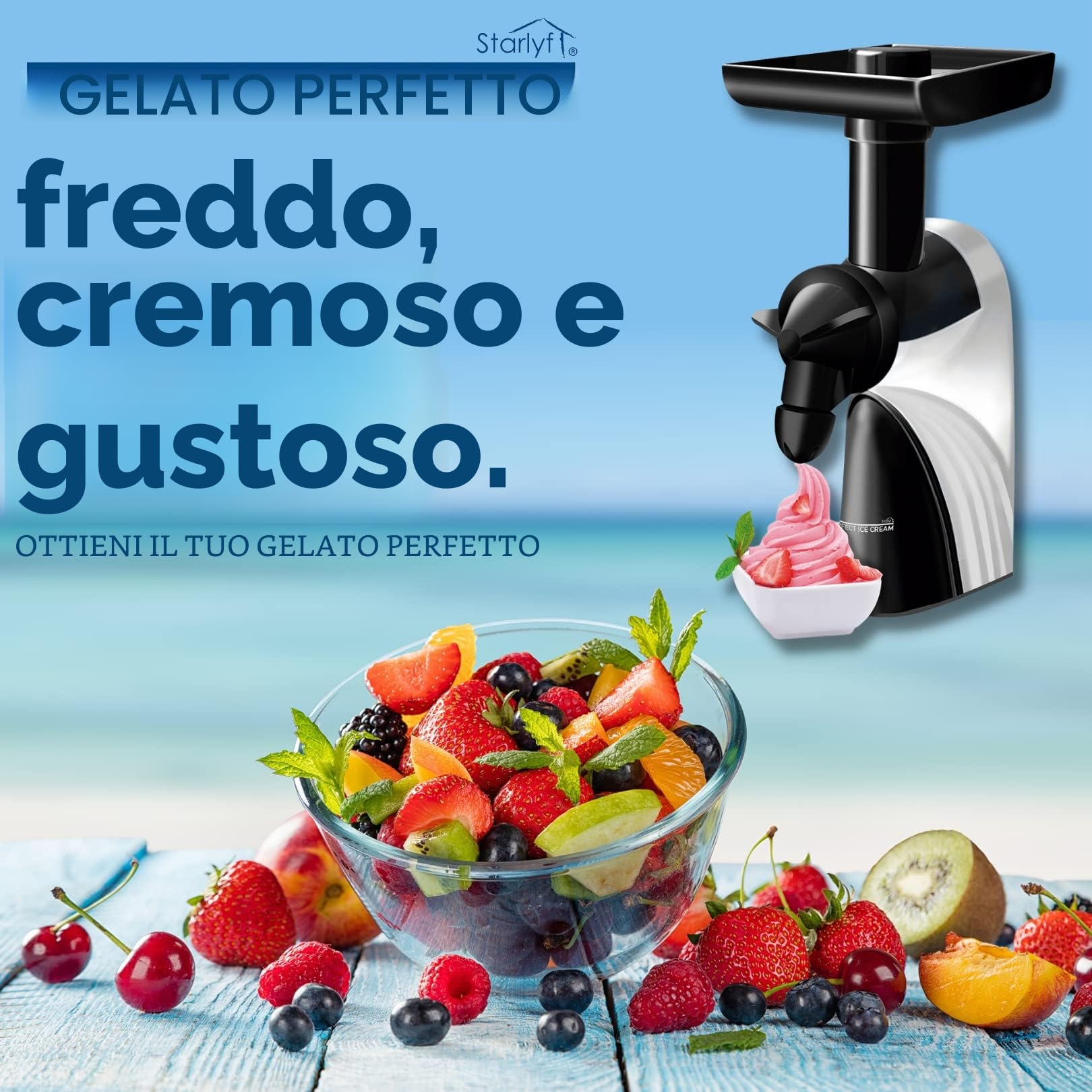 STARLYF Gelatiera Perfect Ice Cream, Macchina per Fare Gelati con frutta, Molto Facile da usare, 100% Naturale, Senza glutine, ottimo per fare frappè, Ideale per i celiaci