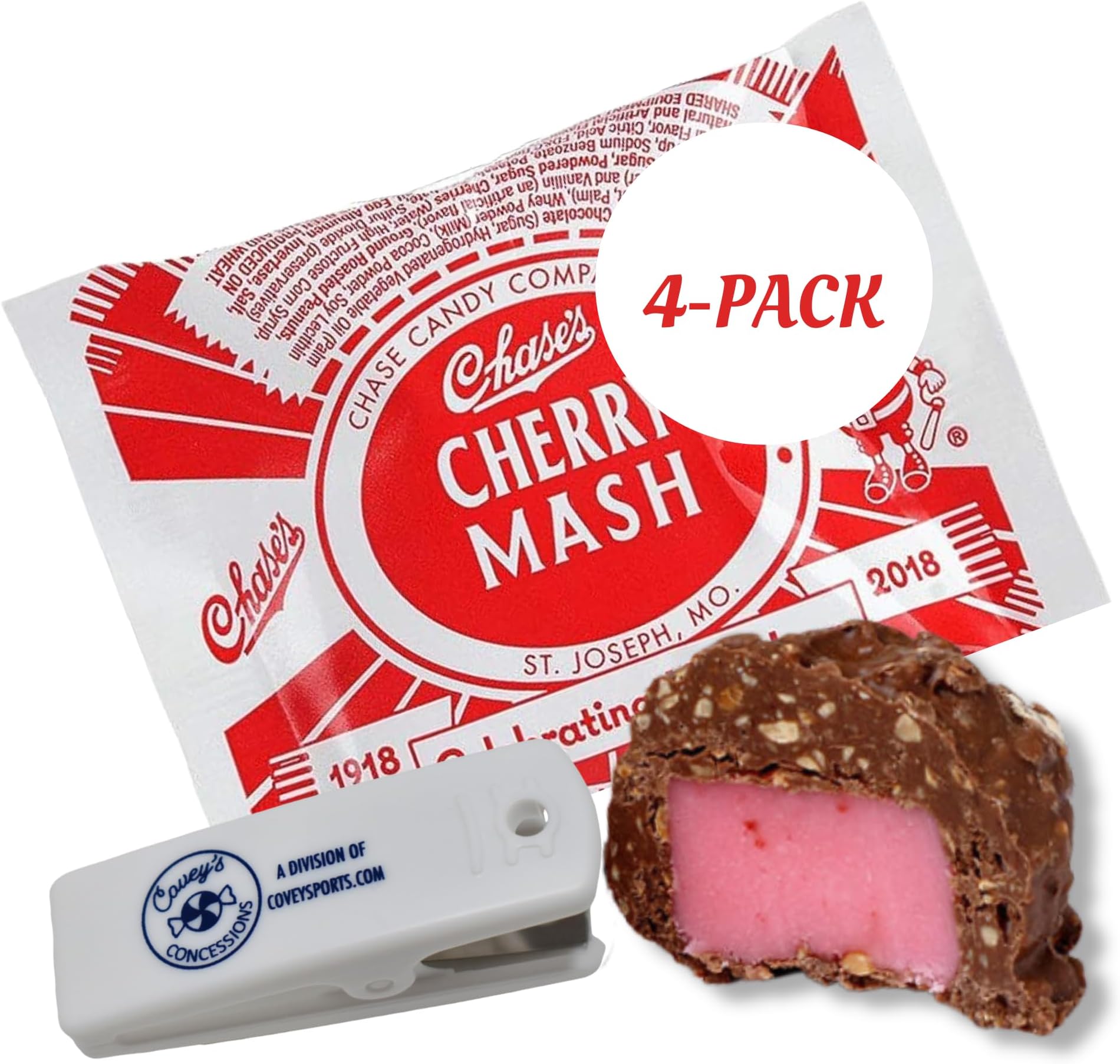 Chase Cherry Mash Candy Bar - (Pack of 4) - Cherry Lovers Candy Bars, Chocolate Candy with Soft Cherry-Flavored Center, Bundled with Covey's Concessions Bag Clip