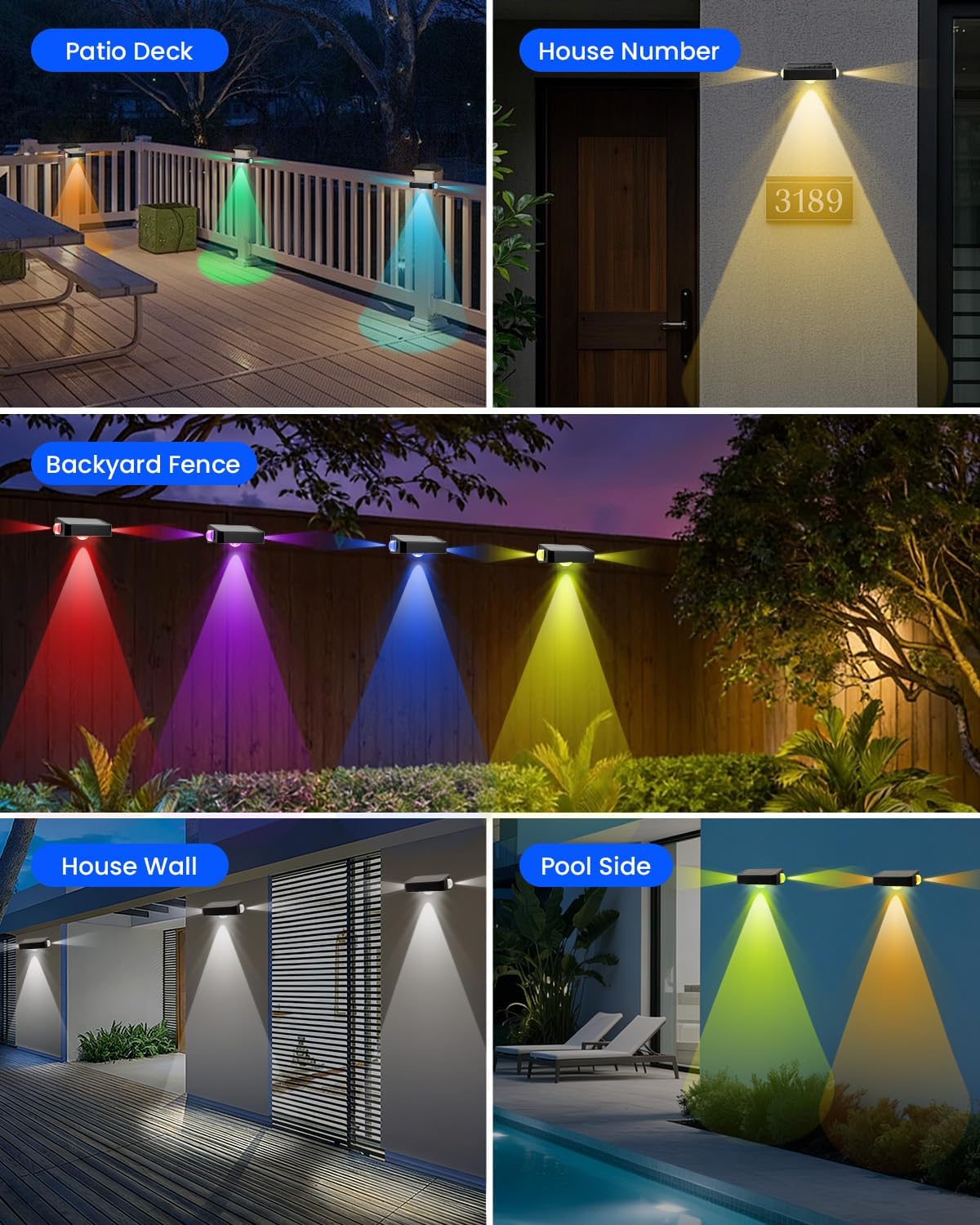 BUNEE Waterproof Solar Fence Lights Outdoor 8 Pack 12 RGB Color Changing Mode Decorative LED 3-Sided Solar Powered Landscape Wall Lighting, Decor for Outside Patio Step Backyard Deck Railing Pool