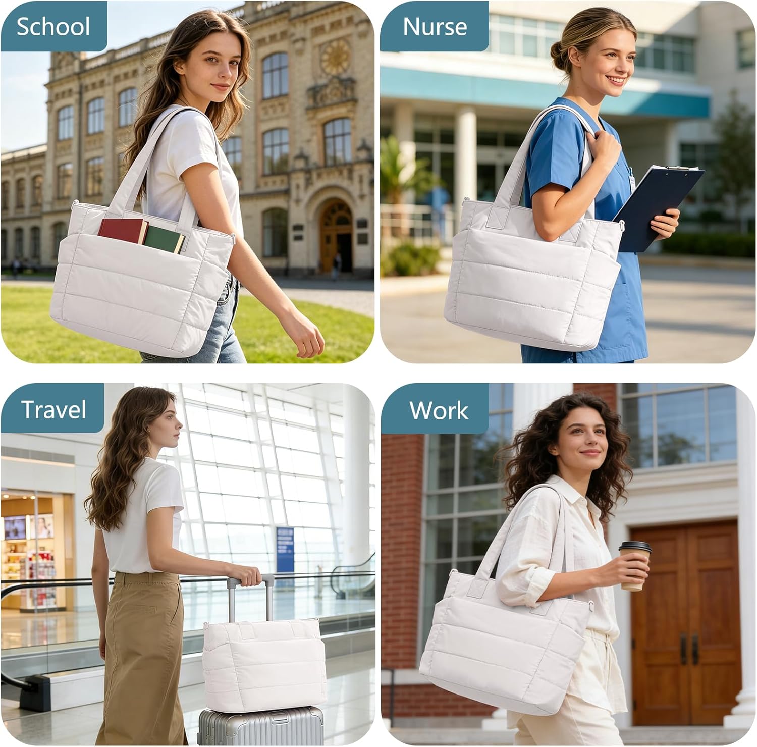 Tote Bag for Women Lightweight Puffer Tote Bag Large Nurse Bags Handbag with Pockets Zipper Closure for Work Travel