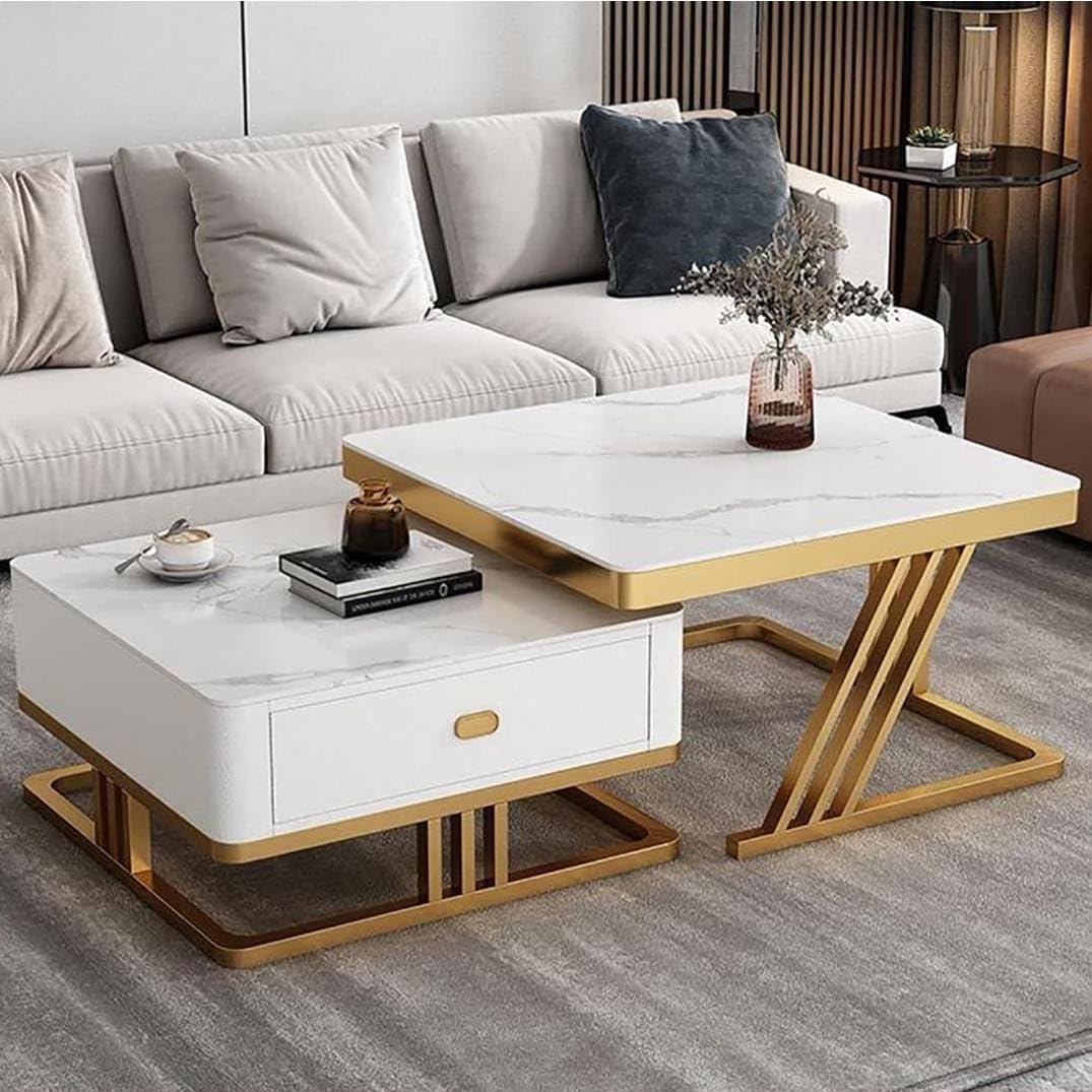 Furniture Cafe Square Nesting Coffee Table Set of 2 with Drawer | White Marble Look Top & Gold Metal Frame | Modern Center, Side & Accent Tables for Living Room, Bedroom & Balcony-image-38