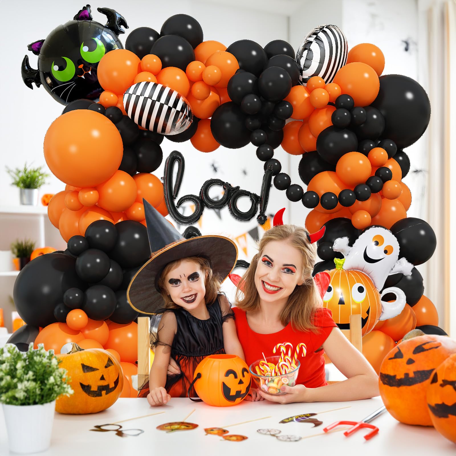Halloween Party Deko Luftballon Girlande mit boo, Orange Schwarz Ballons Girlande mit Kürbis Geister Fledermaus für Halloween Geburtstag Süßes oder Saures Party Innen und Außen Dekoration