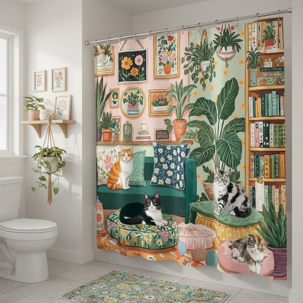 Aipon Boho Cute Cat Shower Curtain for Bathroom 72x72Inch image 4