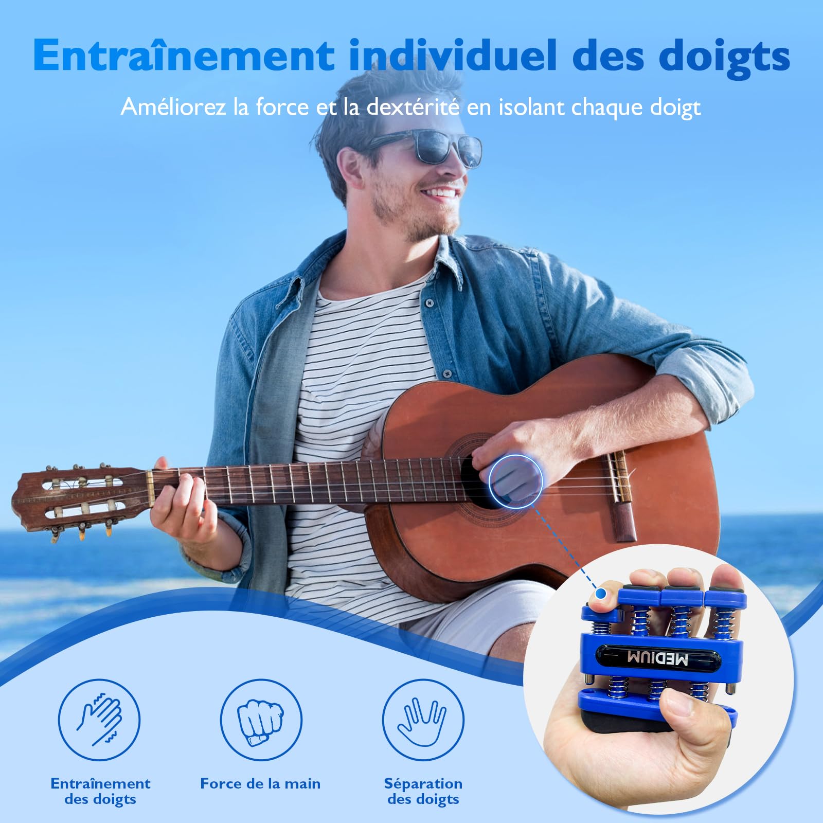 FitBeast Musculateur de doigts, exerciseur de doigts pour améliorer la dextérité et la force des doigts, mains, avant-bras - Entraîneur de force de préhension pour musiciens, grimpeurs