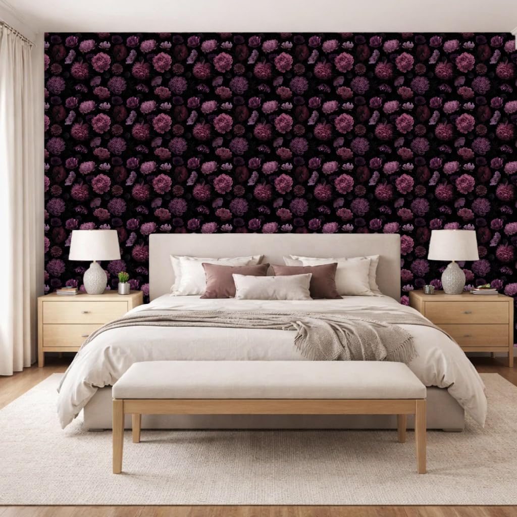 Dark Floral Peony Wallpaper Peel and Stick Removable Renter-Friendly Gothic Vintage Thick Vinyl Wall Covering Waterproof 17.7in × 354in