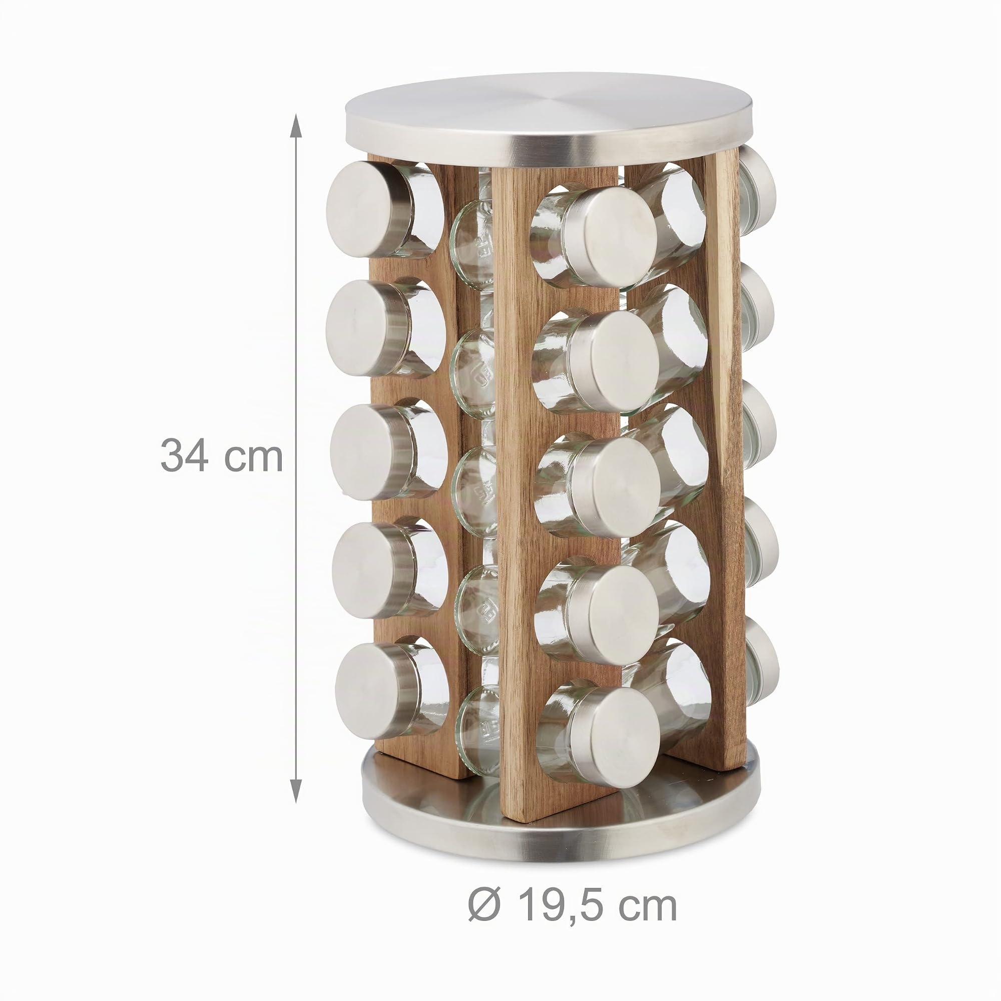 Relaxdays Tourniquet à épices avec 20 Pots en Verre, Rotatif 360°, Acier INOX, Bois, HD 34 x 19,5 cm, argenté et Nature