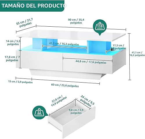 Miniatura 4 de YITAHOME Mesas de Centro LED para Sala de Estar, Mesa de Centro de Alto Brillo con Almacenamiento de 4 Cajones Deslizantes, Mesa de Centro LED