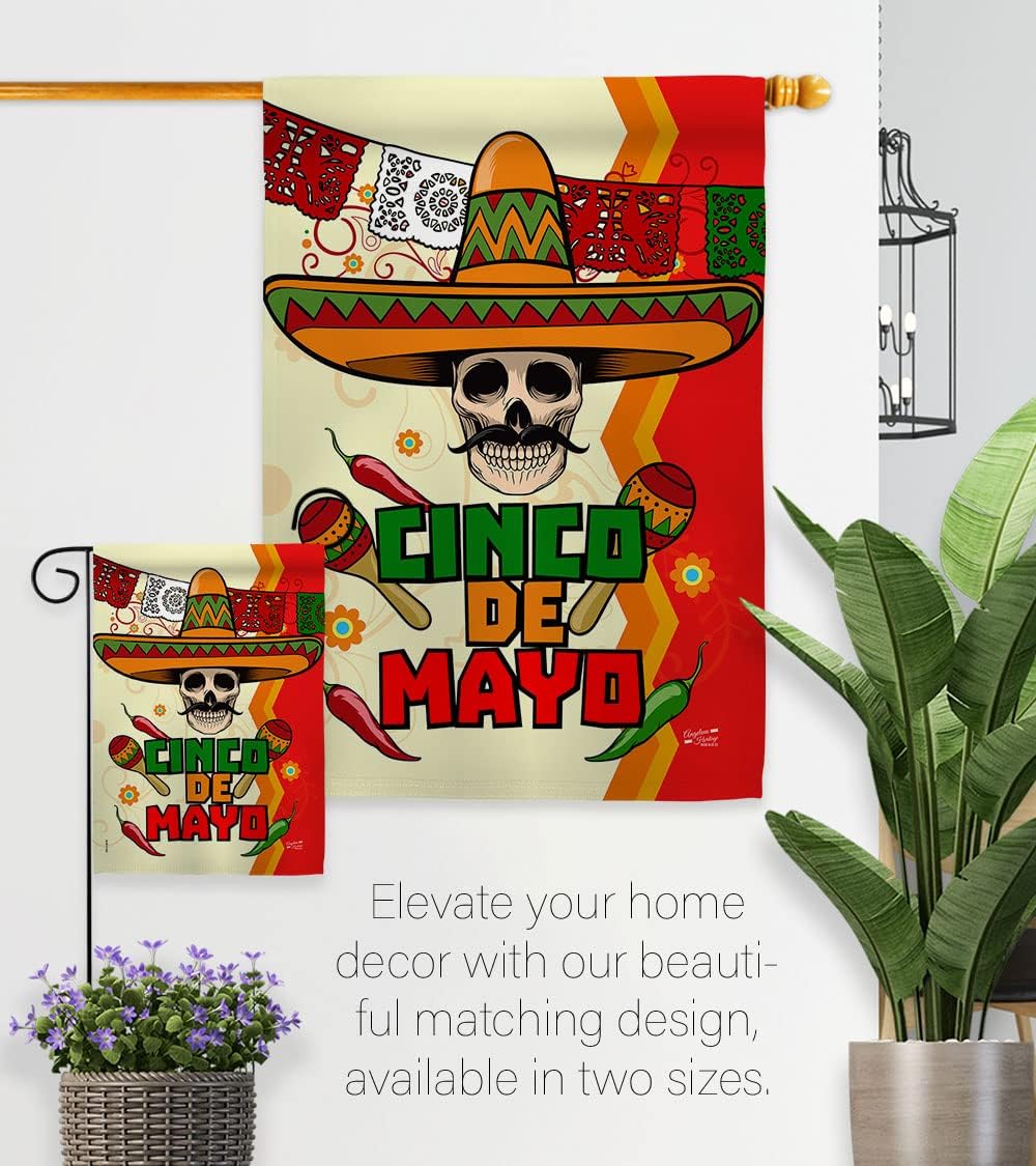 Calavera Cinco de Mayo House Flag - Summer Party Cactus Pinata Sombrero Mexican Fiesta Outdoor - Decoration Banner Small Garden Yard Gift Double-Sided Made in USA 28 X 40