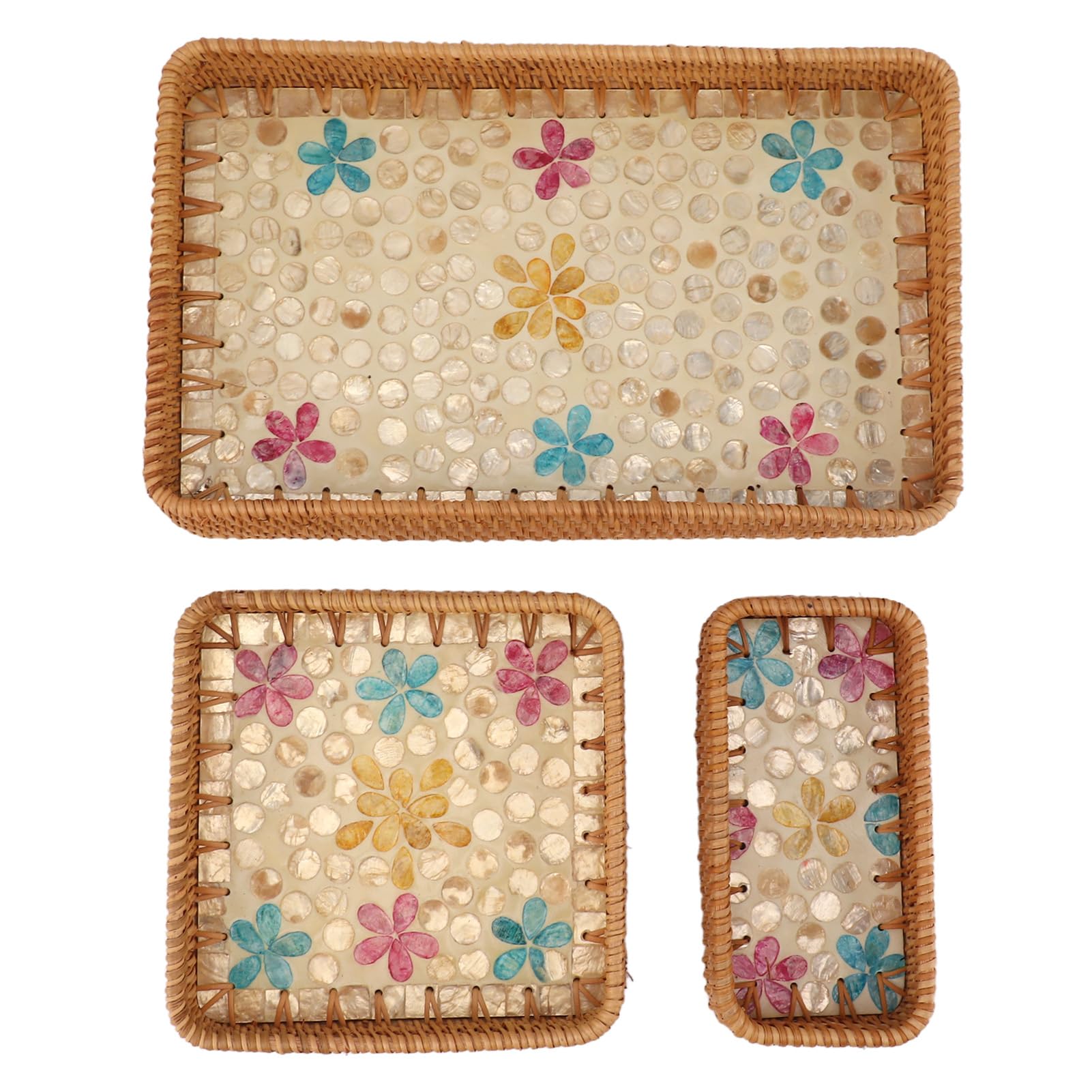3 Unidades de Bandeja de Fruta de ratán, Juego de bandejas de Almacenamiento de ratán rectangulares, Bandeja de Servicio Multiusos Tejida a Mano para el hogar y el Restaurante, (Florete Colorido)