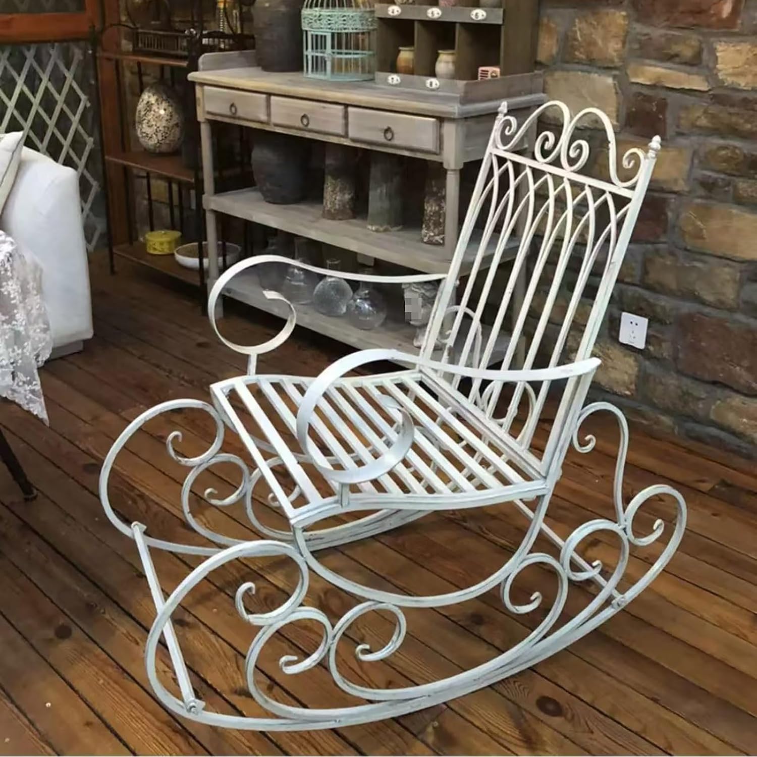 Vintage Wrought Iron Patio Rocking Chair, Single and Double Outdoor Garden Benches, Durable Metal Porch Furniture, Suitable for Home and Courtyard Decoration (White, Single Version)