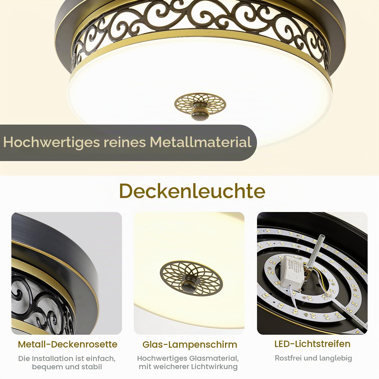 Deckenlampe Wohnzimmer Vintage Rund,Ø50*H10cm Groß Eisen-Glas Base Deckenleuchte Schwarz,Villa Dreifarbig Dimmbar mit Fernbedienung LED Deckenlampe Schlafzimmer,Küchen,Esszimmerlampe Decke.