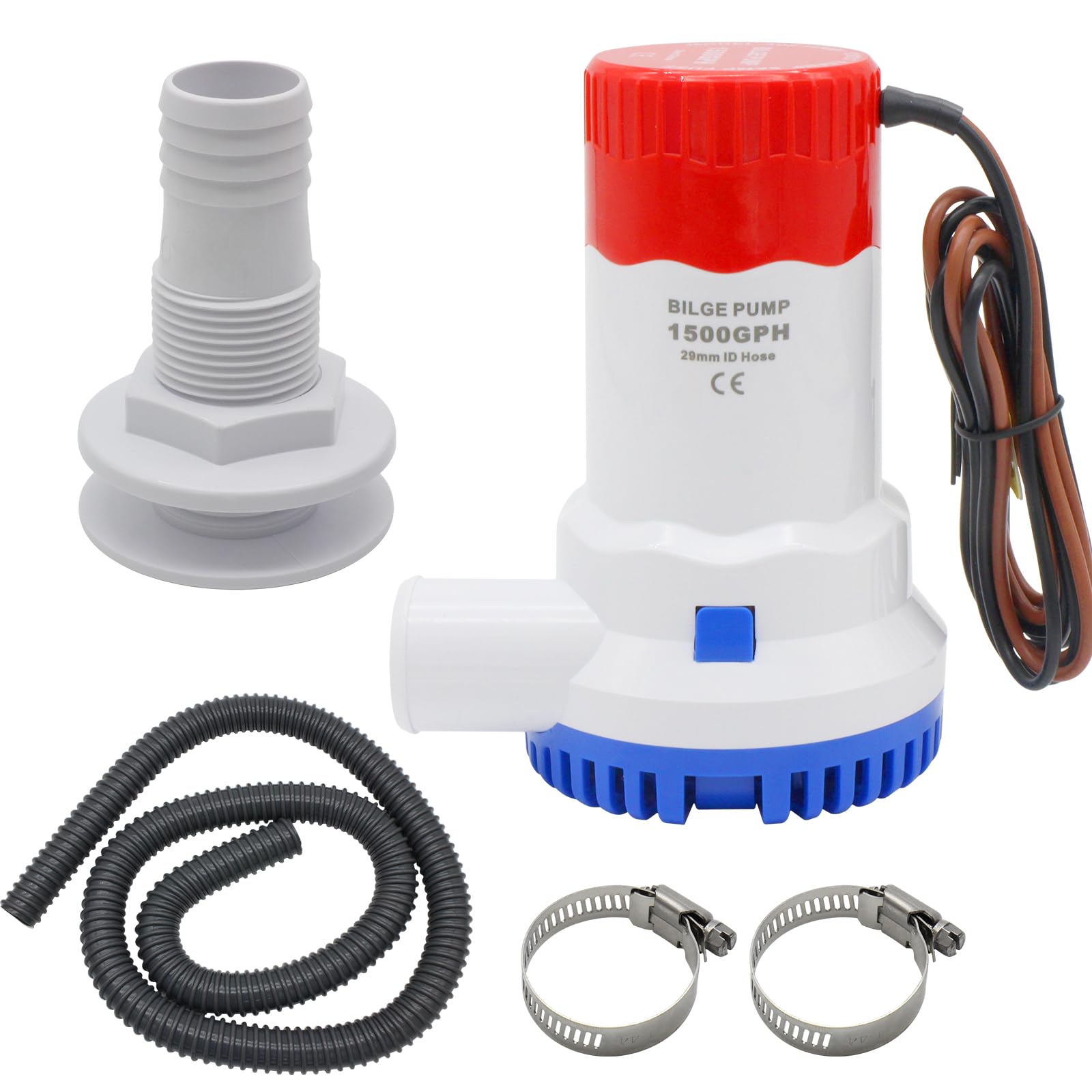 Pompa zęzowa 1500 Gph 12 V ma cichy dźwięk, z wężem pompy zęzowej 1-1/8 cala, 2 szt. zacisków do węża ze stali nierdzewnej i złączki kadłuba, odpowiednie do łodzi wodnych i stawów
