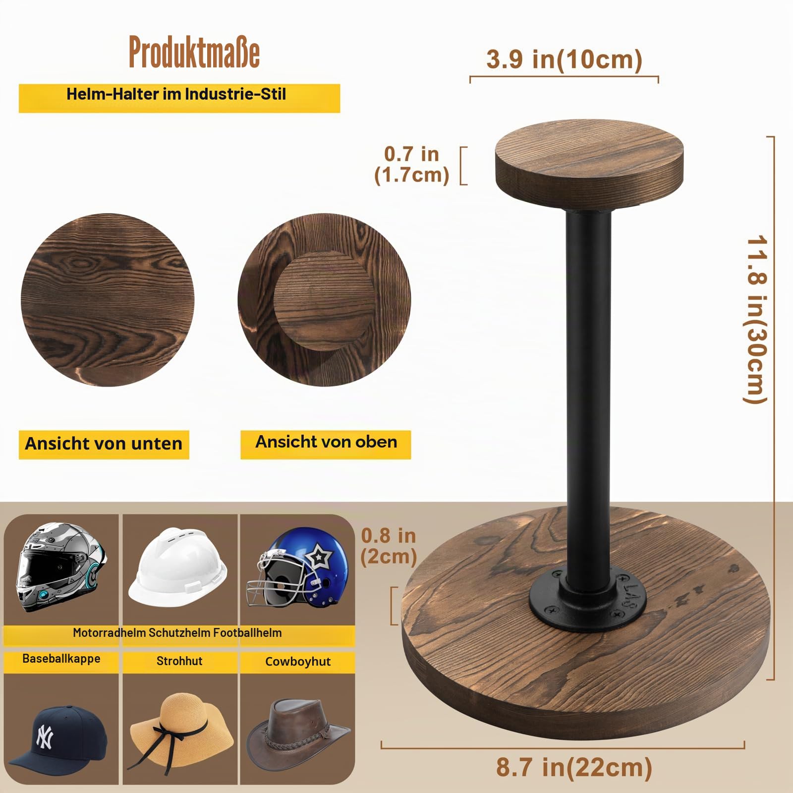 Helmständer im Industriestil, rustikales gebranntes Massivholz und Schwarze Metallrohrkappe und Perückenständer