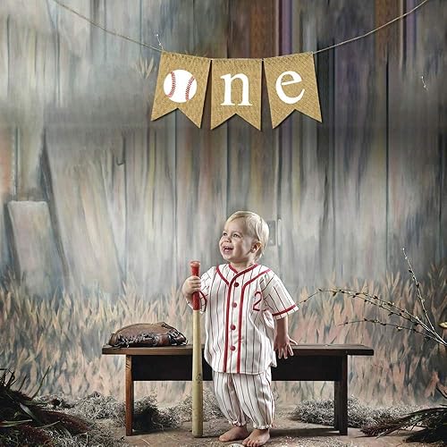 Miniatura 5 de Yute arpillera béisbol una pancarta rústica para niño y niña, fiesta de primer cumpleaños, decoración para silla alta
