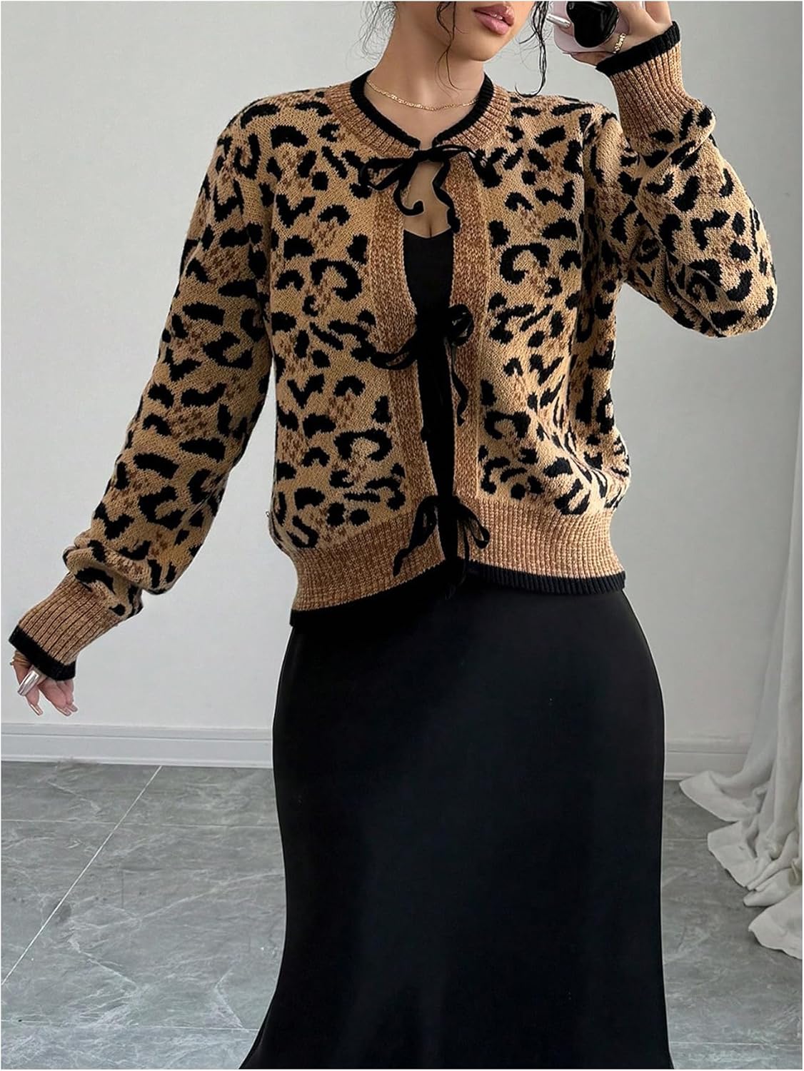 Verdusa Women's Y2K Leopard Print Cardigan Sweaters Streetwear Tie Knot Knit Outerwear - Image 6