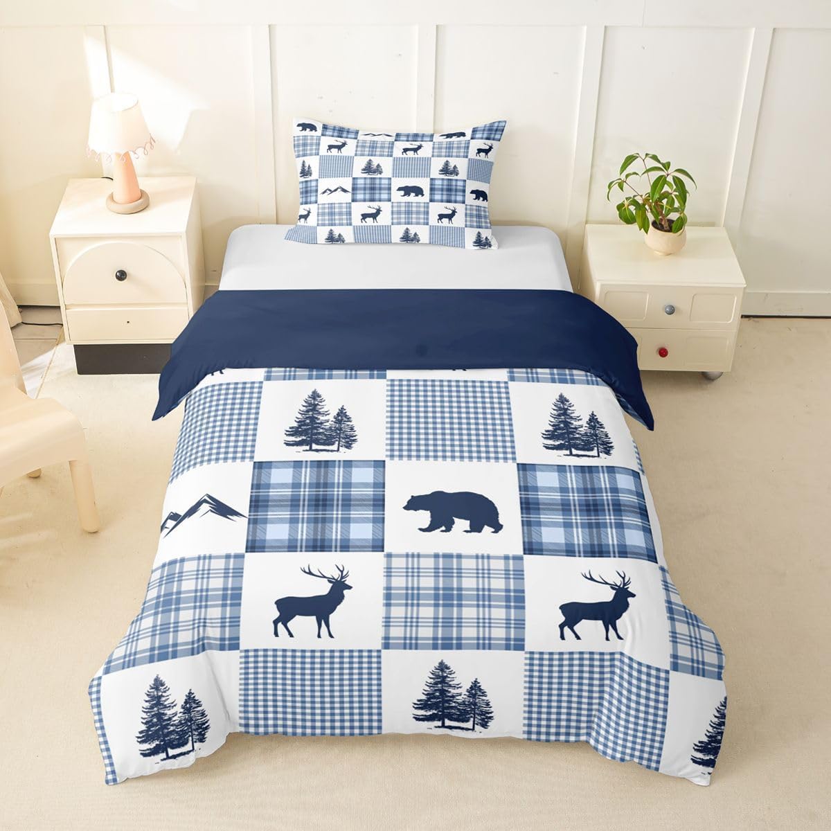 jejeloiu Bear Deer Duvet Cover Toddler Size Wild Animal Bedding Set Breathable Soft Forest Animal Grid Comforter Cover 2Pcs Bedroom Decor