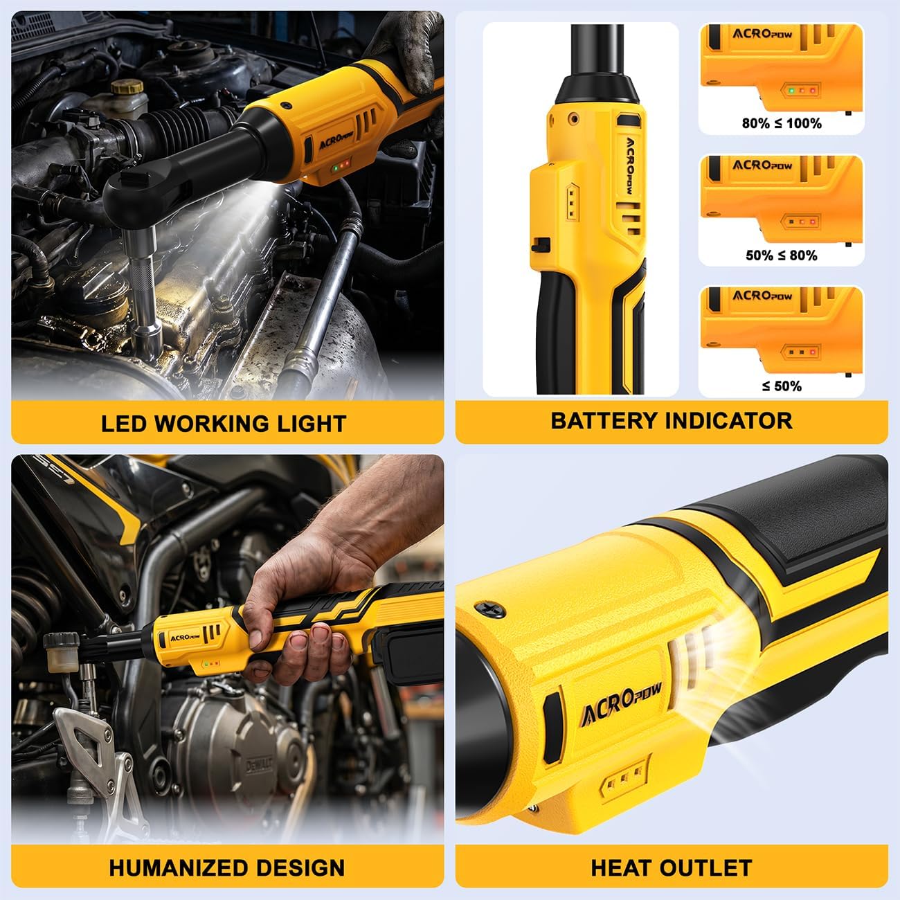 ACROPOW 3/8" Cordless Ratchet Wrench, For DEWALT 20V MAX Battery | 45 Ft-Lbs Extended Electric Ratchet, Variable Speed, 1/4" Adapters, 3" Extension Bar, Bare Tool Only