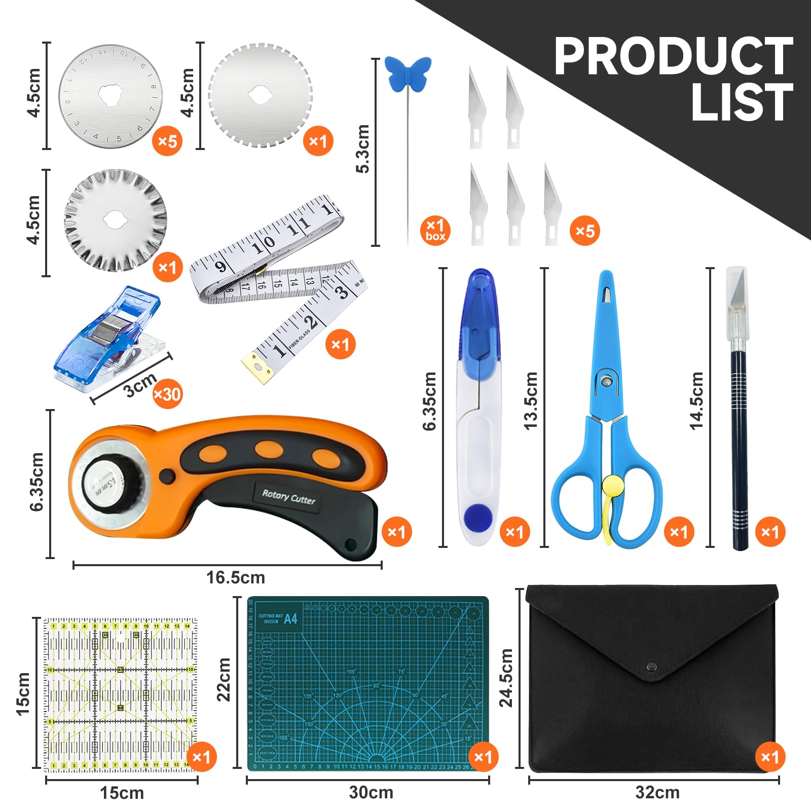 JOYBOY Kit de Cutter Rotatif,45mm Ensemble de Coupe Rotative,un Coupeur Rotatif,5 Lames de Rechange,Les Ciseaux+ Mètre à Ruban+ Sac en Feutre+ 30 Pinces à Tissu,etc
