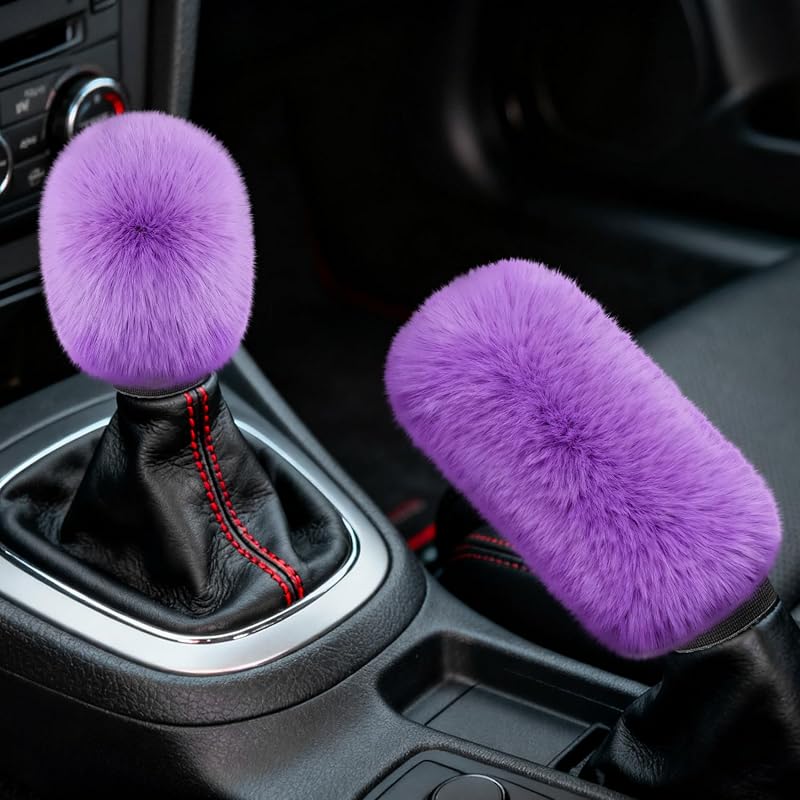 Kit com 2 Capas de Pelúcia para Manopla de Câmbio e Alavanca do Freio de Mão Surosha Roxo
