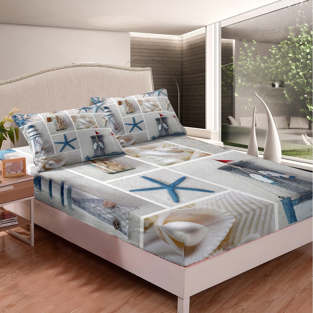 Beach Starfish Ocean Marine Shell Fitted Sheet Sea Creatures Bedding Sheet For Kidss Hawaiian Sealife Ultra Soft Double Size