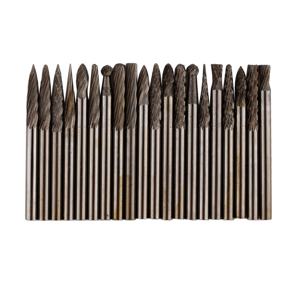 Akozon Carbide Burr Set 20szt 1/8 `` (3mm) Shank wolframu pilniki obrotowe frezy stożkowe do wiertła DIY obróbka drewna rzeźba metal polerowanie grawerowanie wiercenie