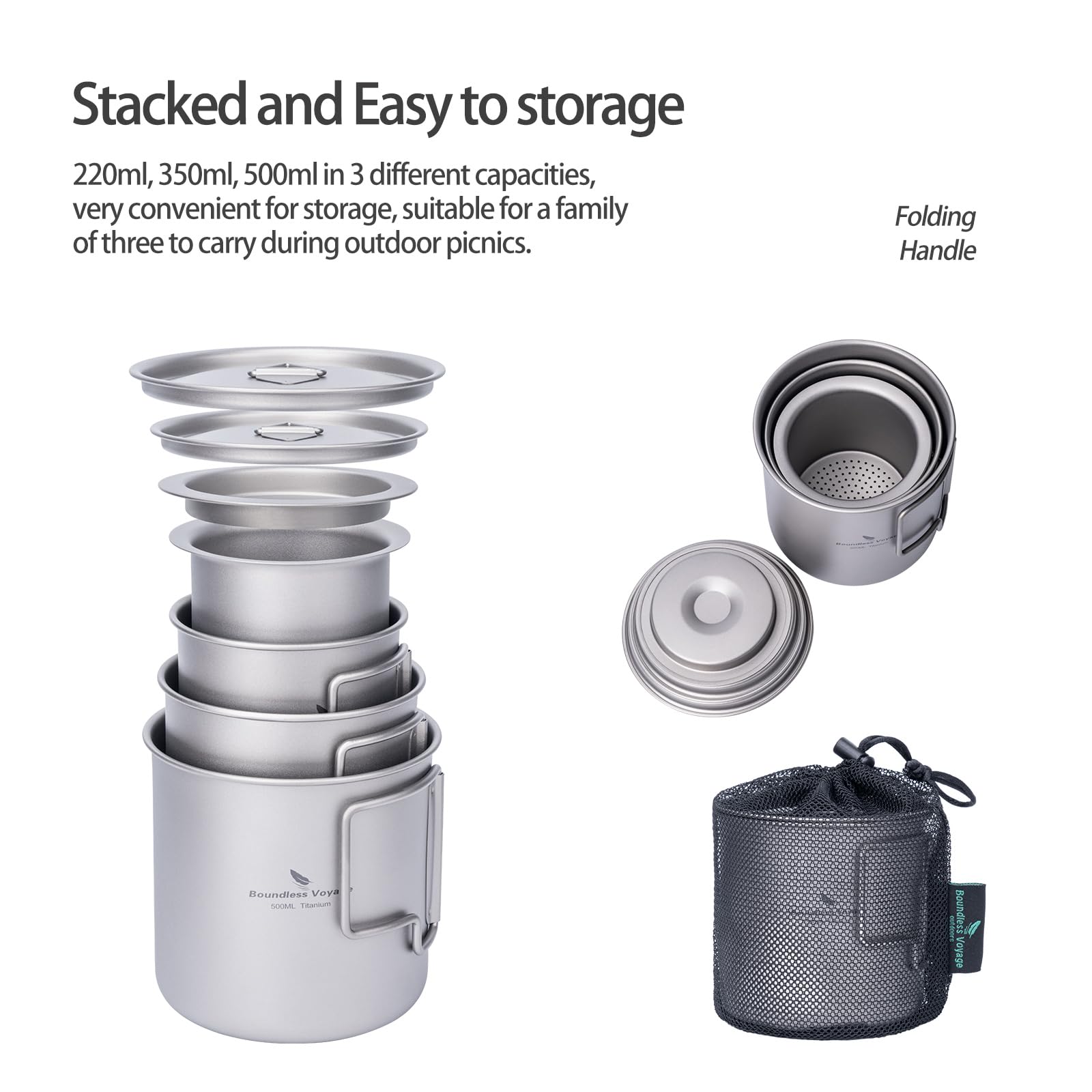 Boundless Voyage Kubek kempingowy tytanowy jednowarstwowy kubek do kawy na herbatę ultralekki podróżny na zewnątrz przenośne naczynia do picia 220 ml 350 ml 500 ml (Ti3060D-3 w 1 zestaw)