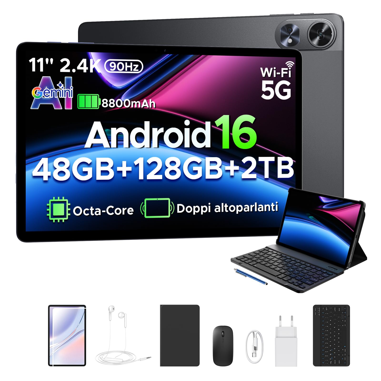 POPUX P11 Pro Tablet Android 16,2.4K 90Hz Tablet 11 Pollici con Gemini AI, 48 GB RAM + 128 GB ROM,T7250 Octa-Core, 13 MP + 5 MP, 8800mAh, Wi-Fi 5G, Cuffie, Tablet con Tastiera e Penna, Mouse, Nero