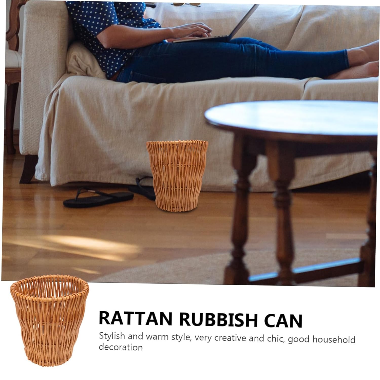 1Pc Woven Trash Can Storage Basket for Home Bathroom Office Decorative Wastebasket with Design Smooth Finish Multi Purpose Rattan Waste