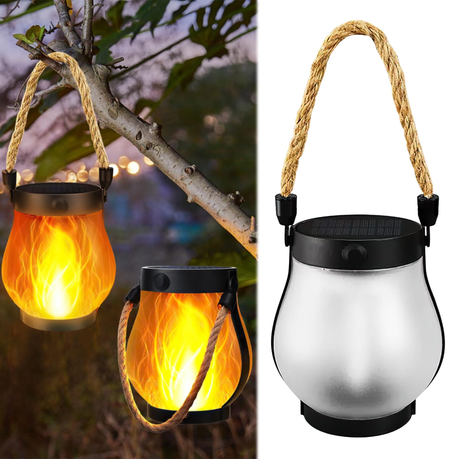 Flame Solar Lantern, Solar Lights for Outdoor Hanging, 1500mAh Outdoor Lanterns for Garden with Flame Effect, Rechargeable, IPX4, Camping Garden for Outdoor Table, Patio, Balcony, Courtyard (Pack of 1