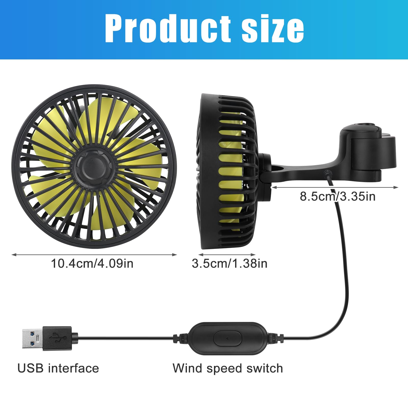 Wentylator samochodowy 5V USB 3 prędkości regulowany obracany 360° przenośny chłodzący