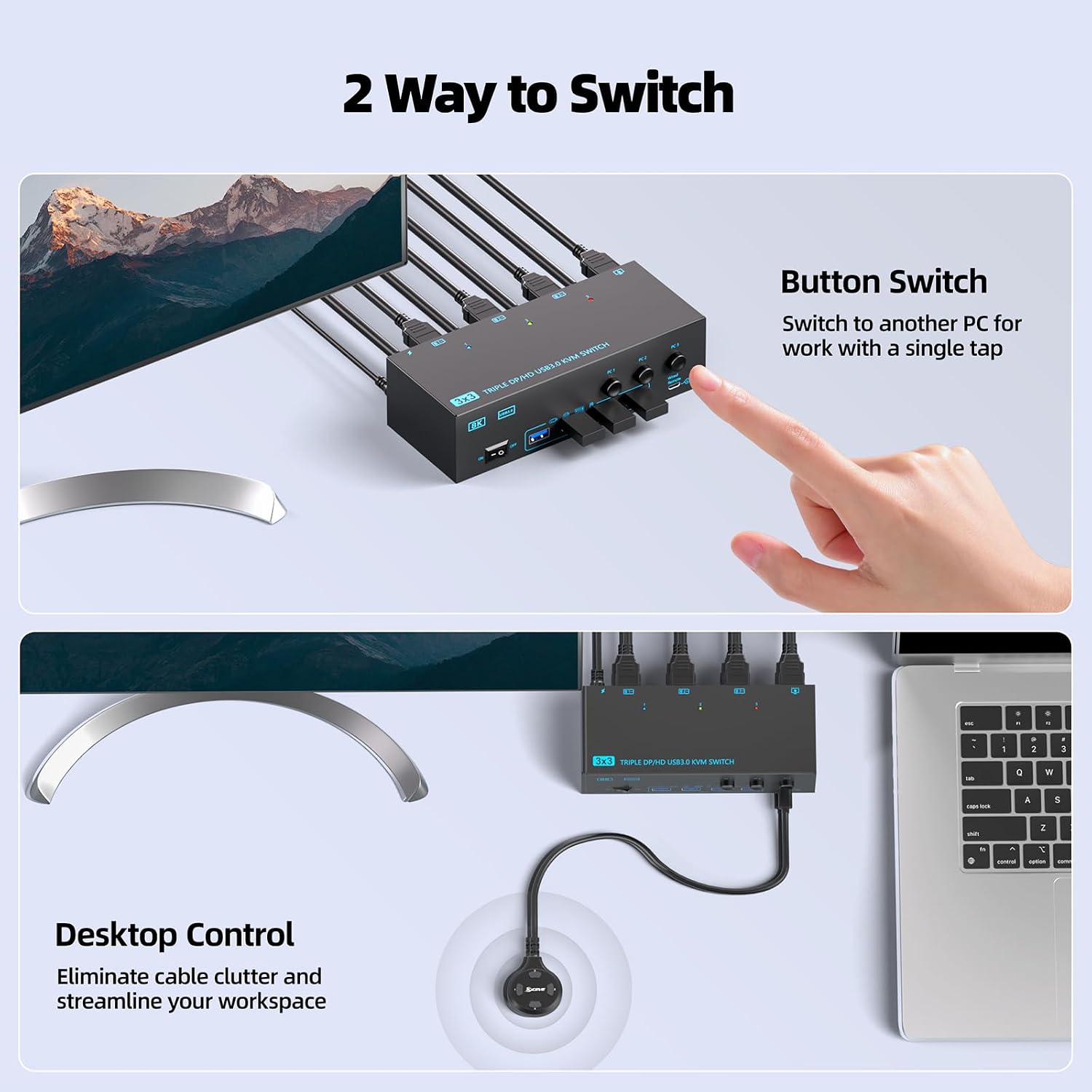 KVM Switch 3 Monitors 3 Computers, Reyoten 8K@60Hz 4K@144Hz KVM, 3 Monitors KVM Switches with 4 USB3.0 Ports, Keyboard Mouse Printer with USB Cables, Power Adapter
