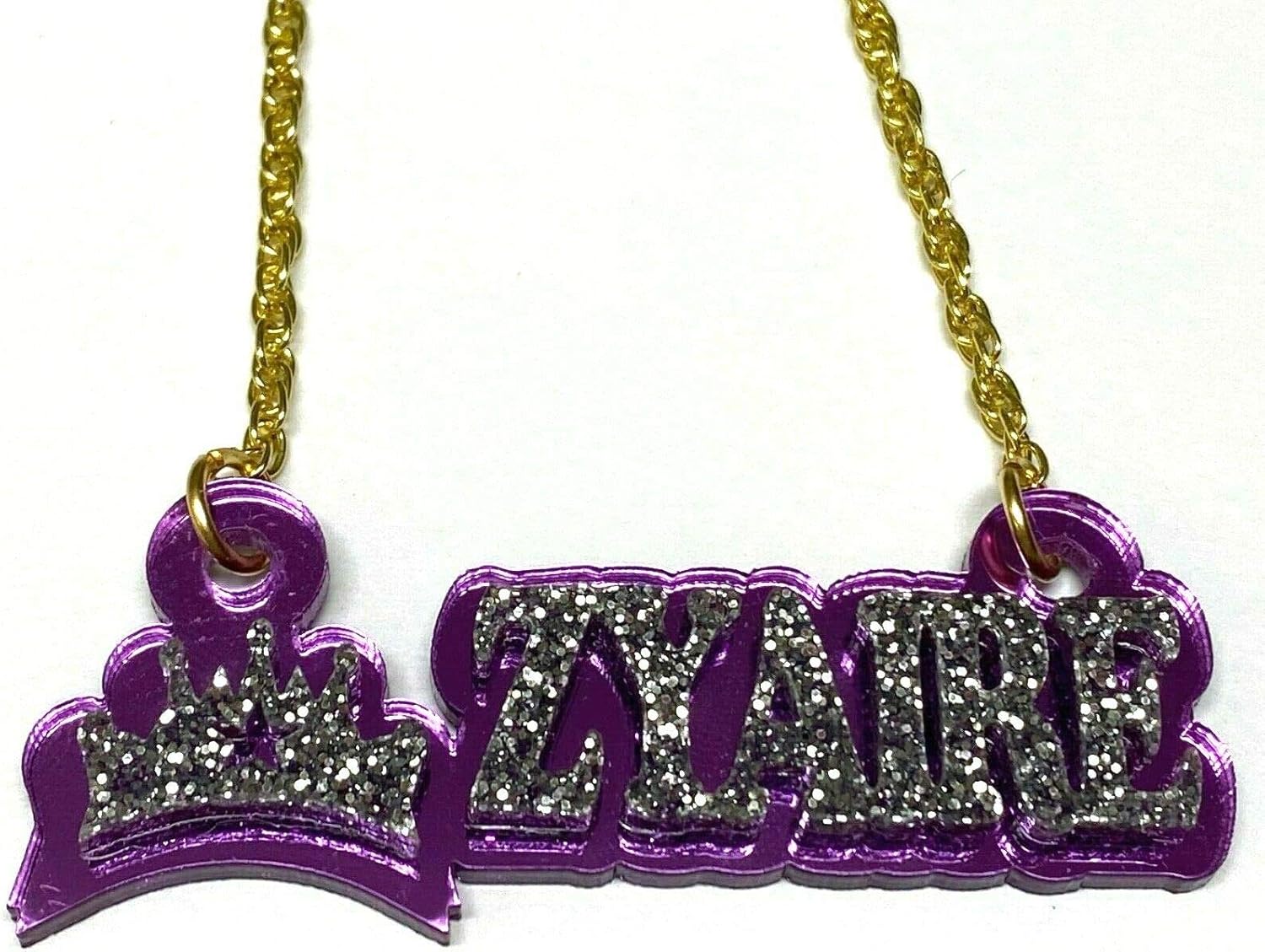 MIRROR MANIA Name Plate Custom Name Necklace Nameplate Laser Cut Personalized, Diamond Look Letters with Crown, Gold Chain, Made To Order Any Name - Dazzling and Stunning!