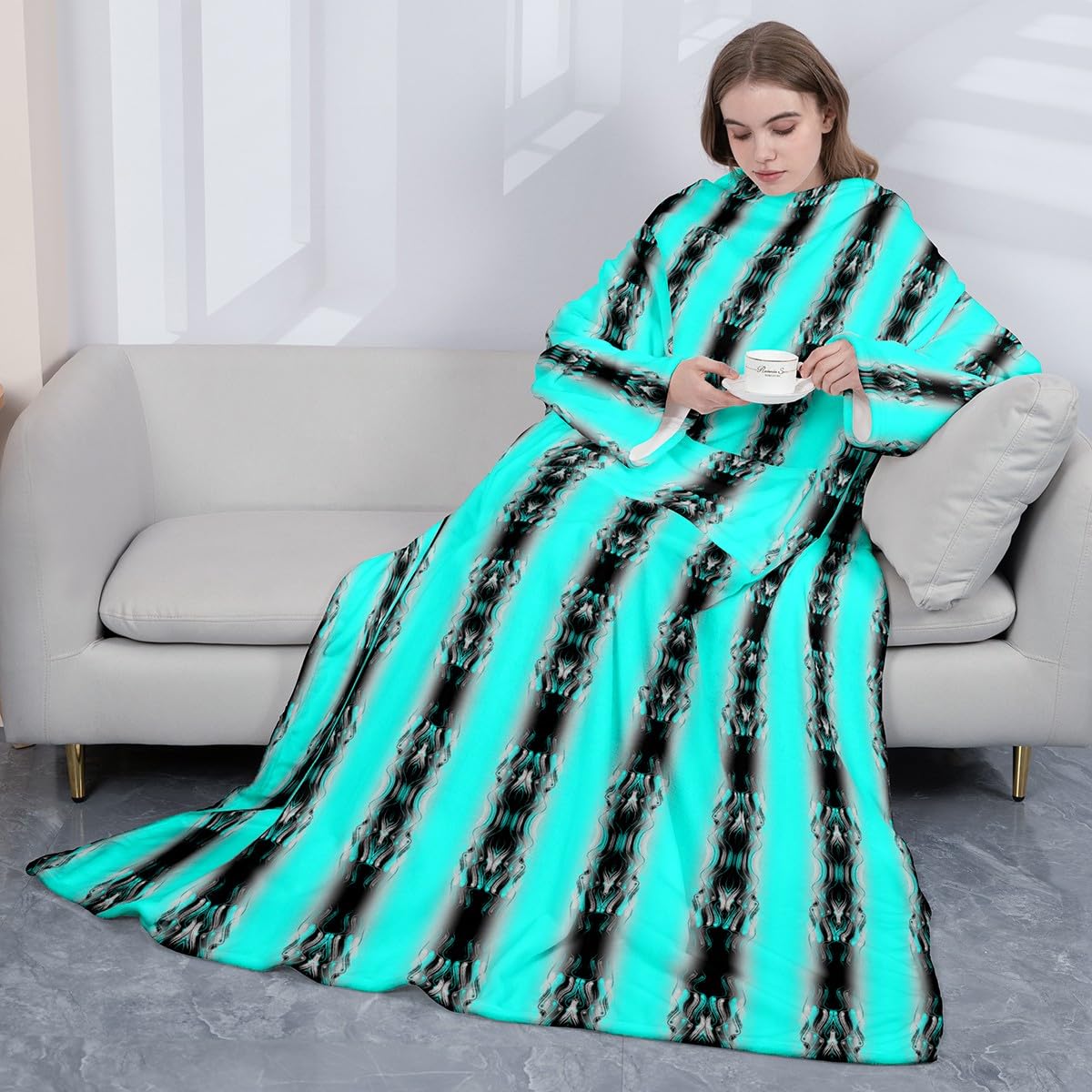 Homemissing Manta de forro polar azul azulado y negro con mangas de 50 x 70 pulgadas, manta de forro polar vintage con mangas y bolsillo, manta de arte moderno, manta de felpa mullida con estilo