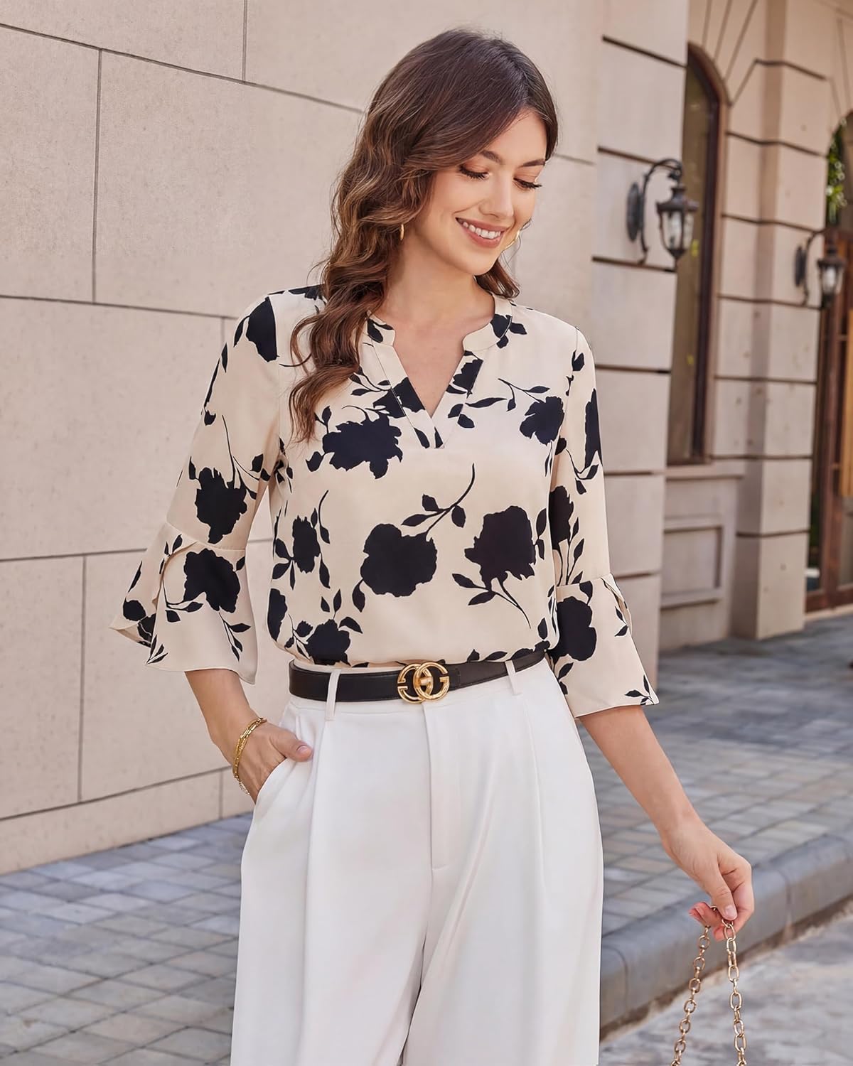 Gaharu Women's Work Blouses Ruffle 3/4 Sleeve Dressy Top V Neck Casual Chiffon Tunic Blouses Business Shirts