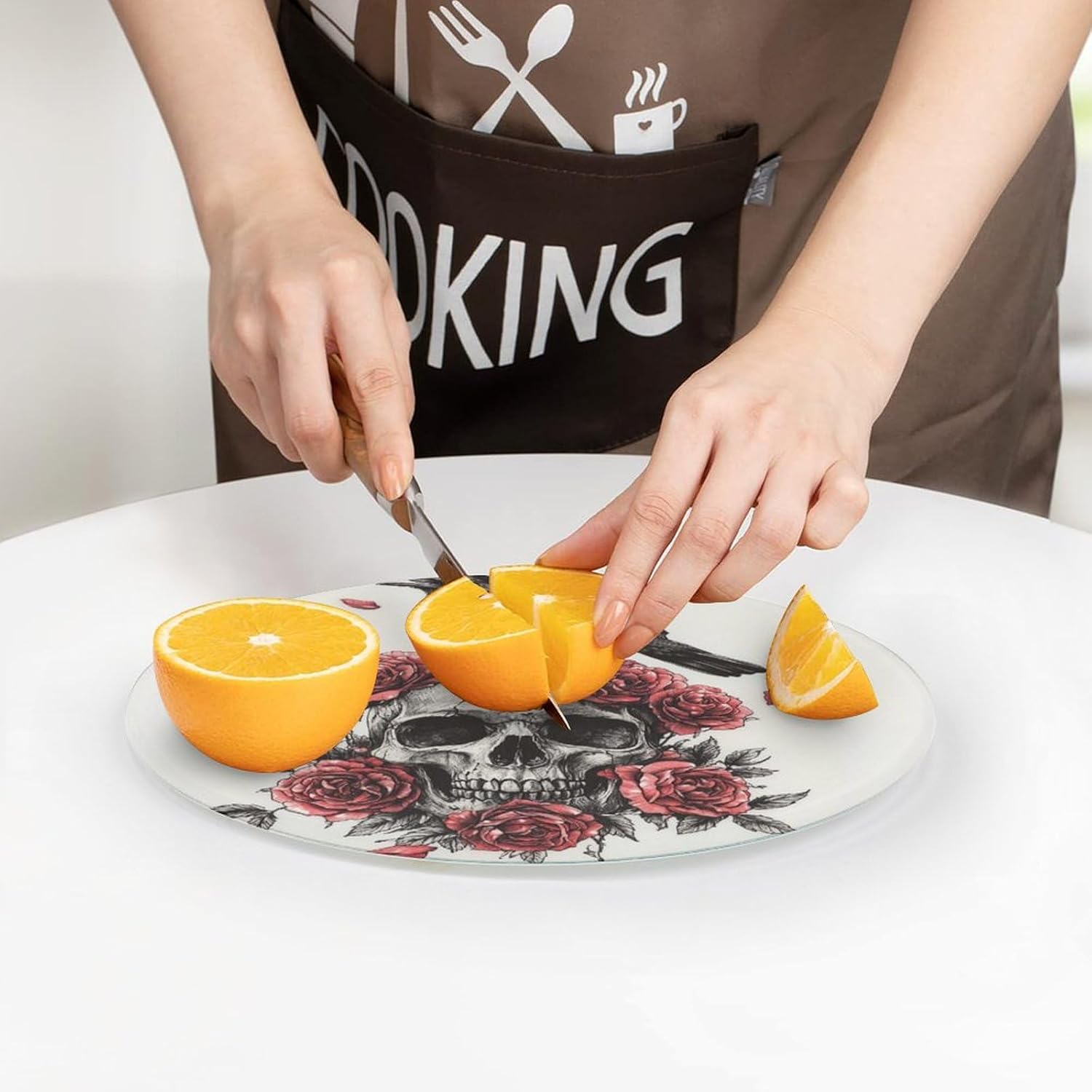 Crow And Skull with Roses Tempered Glass Cutting Boards Kitchen Scratch Resistant Non-Slip Chopping Board with Rubber Feet