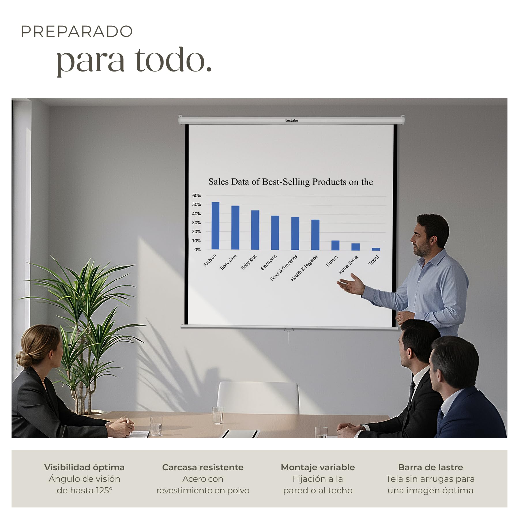 tectake® Pantalla Proyector Enrollable y Retráctil, Montaje en Pared y Techo, Formatos 1:1, 4:3y 16:9, Optimizado para HDTV y 3D, Factor de Ganancia 1,0, Proyector Pantalla - 203 x 203 cm 110"