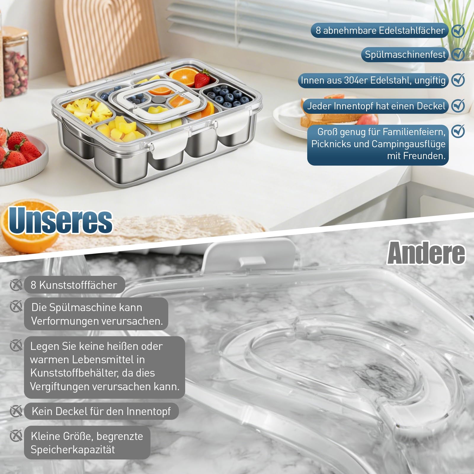 Snackbox mit 8 Edelstahl Fächern, Tragbare Snack Aufbewahrungsbox mit Deckel und Griff, auslaufsicherer Snack Organizer für Obst, Nüsse, Gemüse, Kekse – BPA-frei, ideal für Picknick & unterwegs