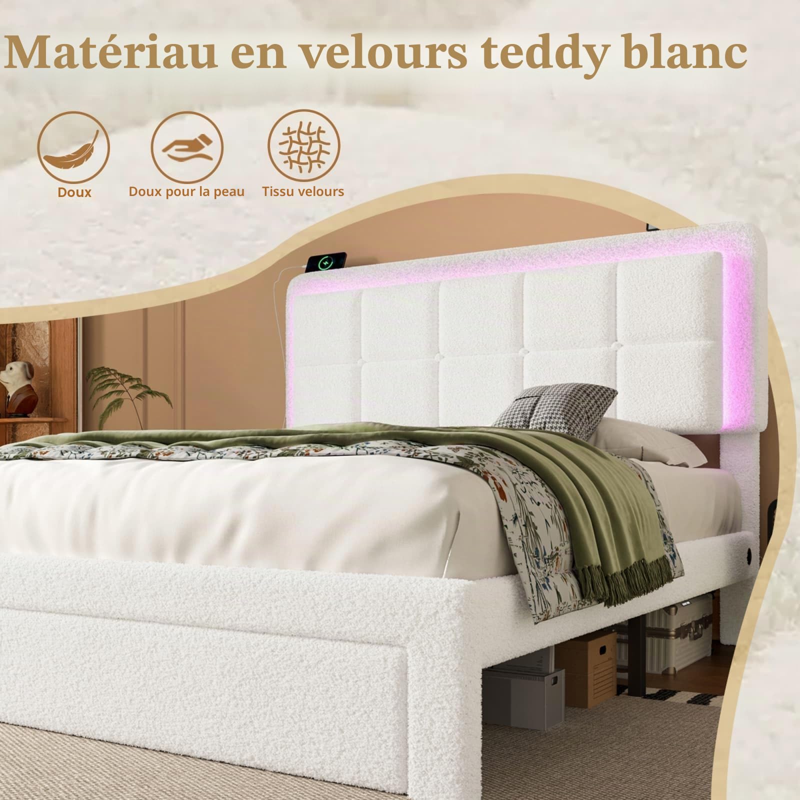 KOMHTOM Lit Rembourré en Velours Teddy avec Tiroir de Rangement, Lit LED Tête Réglable avec 2 Port USB et Type-C, Sommier à Lattes, Cadre de lit Moderne (160x200cm)