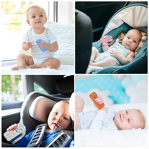 Miniatura 7 de Juguetes mordedores para bebés, 2 juguetes de silicona para dentición con forma de teléfono con 2 clips para chupete, juguetes de dentición suaves