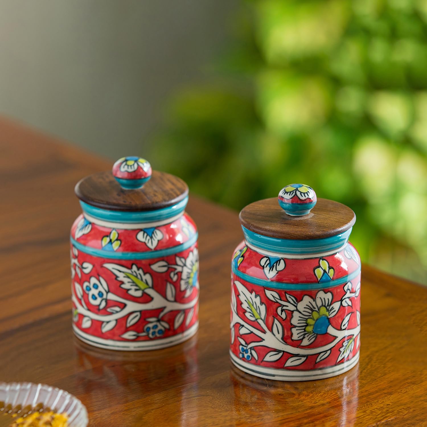 ExclusiveLane 'Mughal Floral' Airtight Ceramic Jars for Kitchen Storage (Set of 2, Height : 5.2 Inch, Each Jar : 410 gram) |Ceramic Jar with Wooden Lid Salt Jars Multi-Utility Snacks Jars & Containers