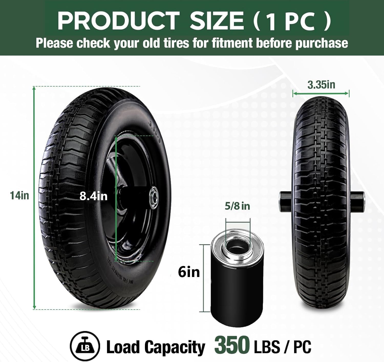 Taifa 14 Inch 1 PC Solid Flat Free Replacement Tires and Wheels 3.50-8 with 5/8'' Bearing, Air Less Wheel for Wheelbarrow/Wagon/Hand Truck/Trolley/Garden Scooter etc.
