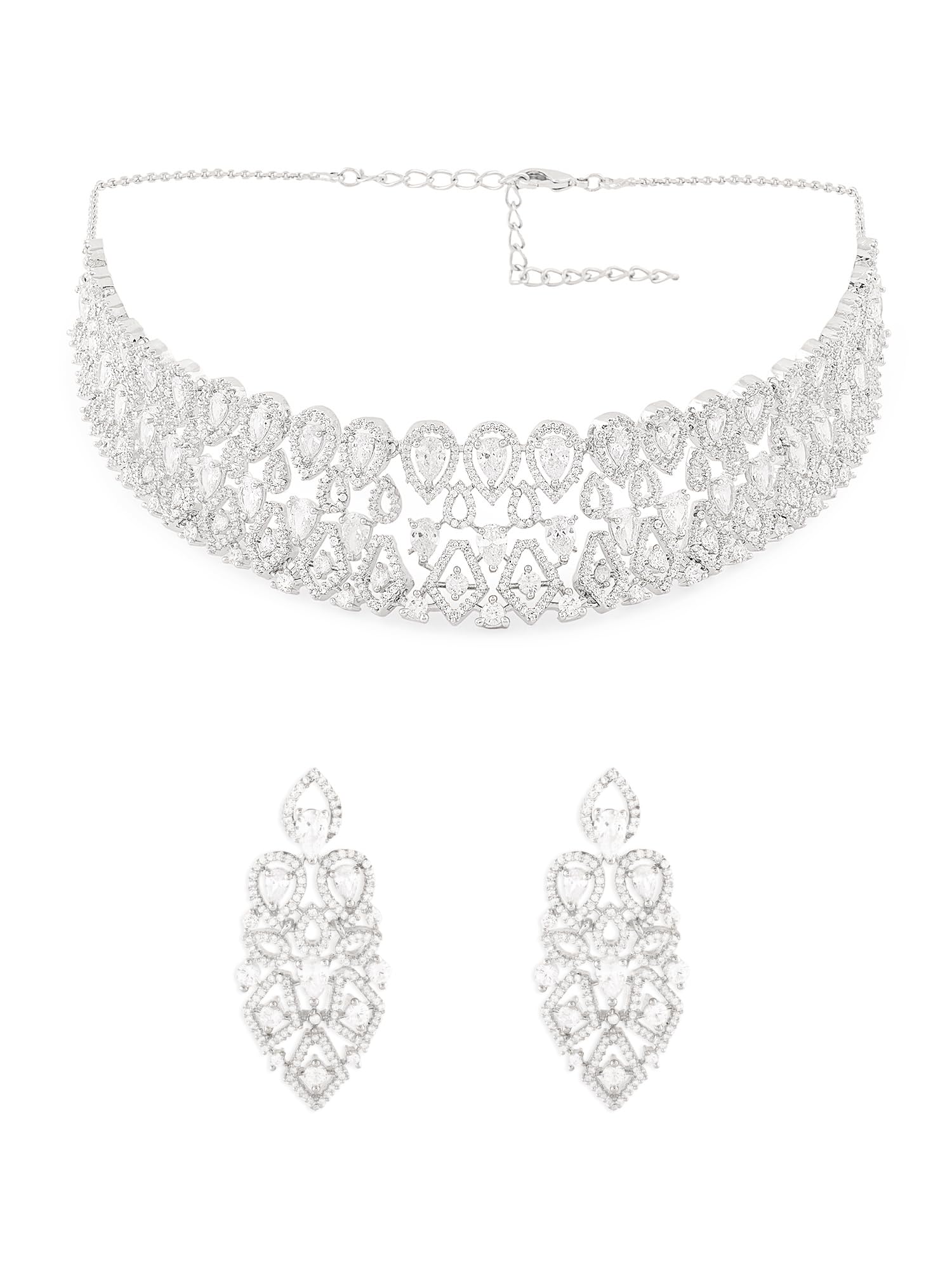 ZAVERI PEARLS Silver Tone Dazzling Cubic Zirconia Brass Choker Necklace & Earring Set For Women-ZPFK17338 (B0CTQW9H77) Amazon Price History, Amazon Price Tracker