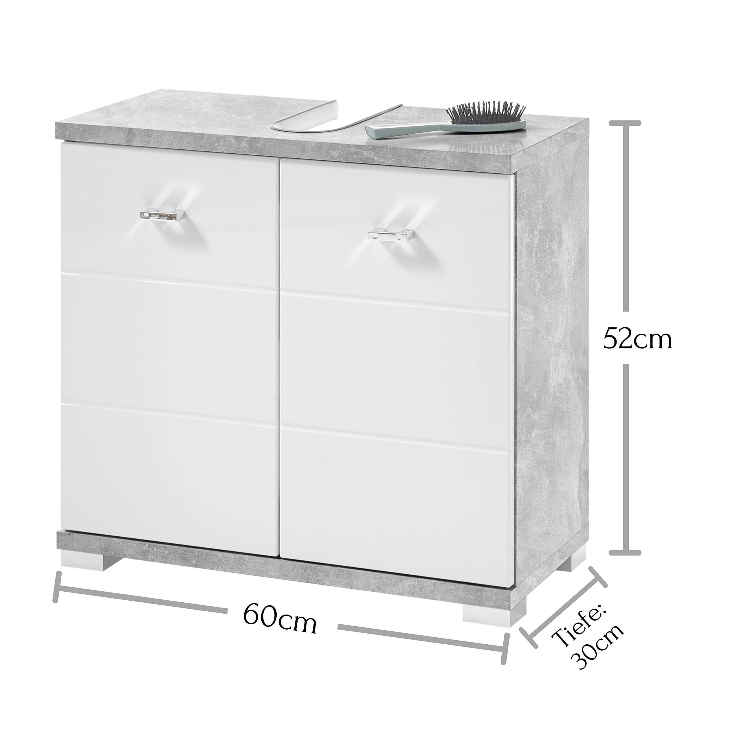 Stella Trading Badezimmer Waschbeckenunterschrank in Beton Optik, Weiß - Moderner Bad Unterschrank Badezimmerschrank mit viel Stauraum - 60 x 52 x 30 cm (B/H/T) | Moderner Badunterschrank mit weißer Hochglanz Front, 2 Türen, 1 Boden, Stauraum für Badutens