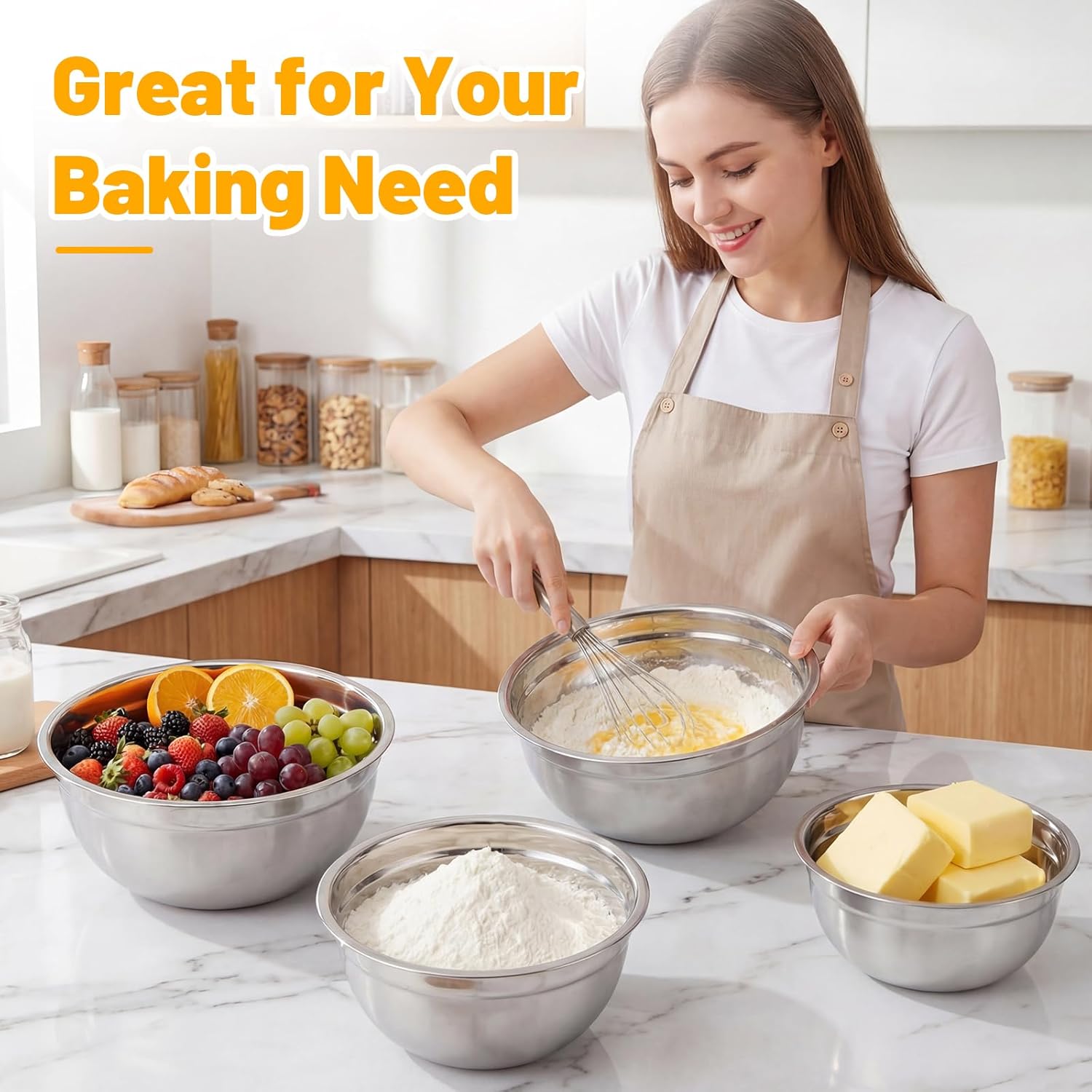 Beasea Mixing Bowls with Lids Set of 5, 4 QT Metal Stainless Steel Nesting Mixing Bowls with Airtight Lids, for Baking, Dough Bread Prepping, Salad, Food Serving and Kitchen Storing