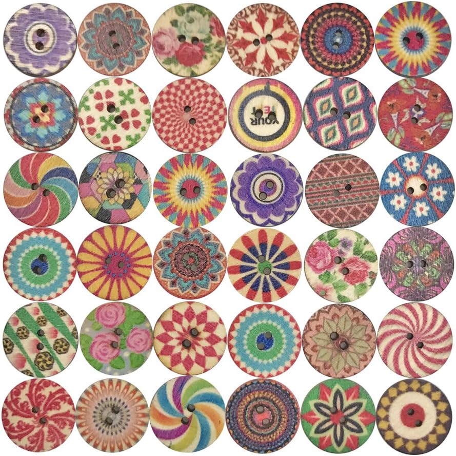 Mixed 2 Holes Wooden Retro Flower Painting Round Buttons for Sewing Crafting and DIY Craft 20mm 100 PCS