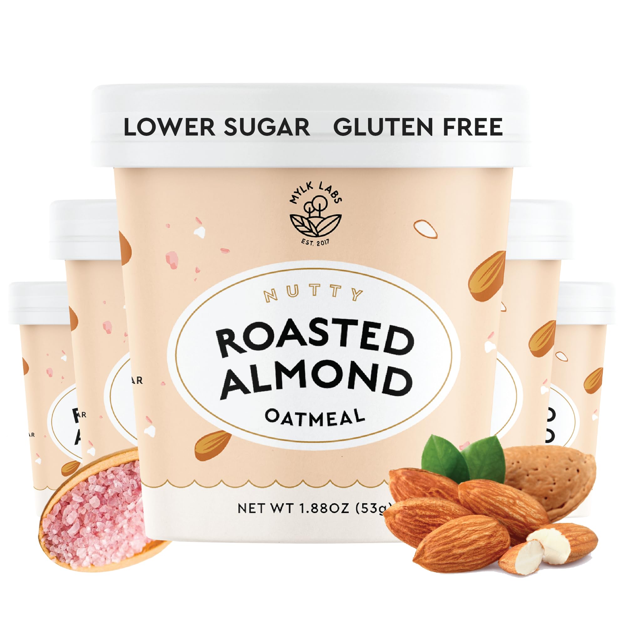 Mylk Labs Roasted Almond Protein Oatmeal Cups, Whole Grain, Low Sugar, High Fiber Breakfast with Superfoods, Quick & Easy, On the Go, Instant Oatmeal, Rolled Oats, Gluten Free, Vegan, Nut Free, 6 Pack